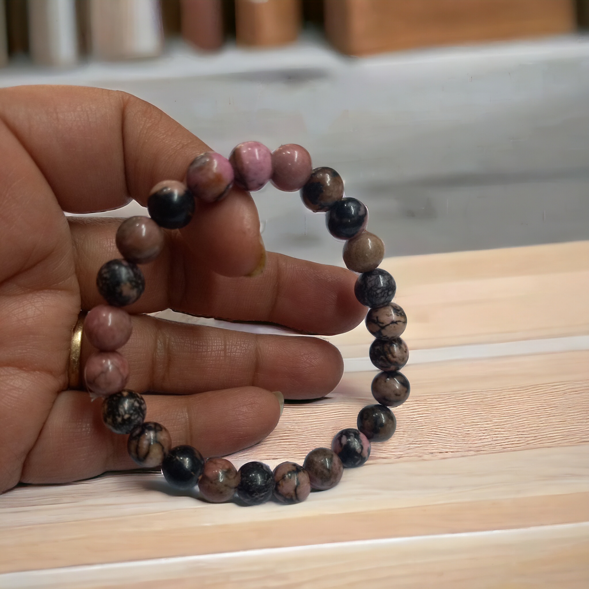 Rhodonite Bracelet Natural Original Crystal Certified Real Stone Stylish for Men Women Boy Girl Unisex 8mm Beads Stretchable Brand : Rocksmins