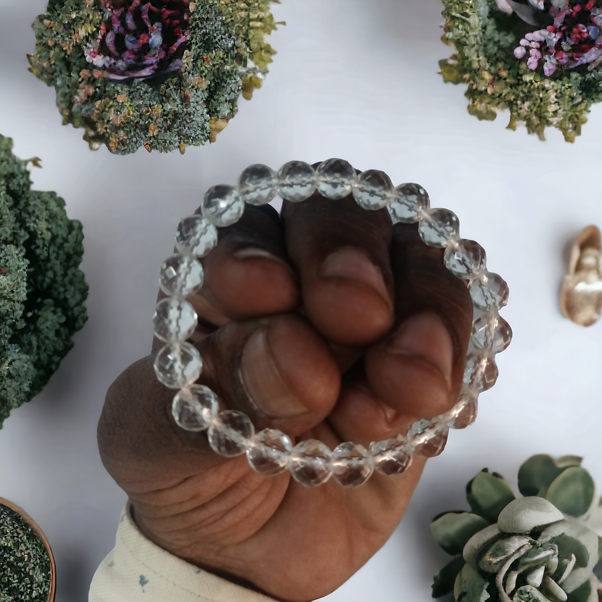 Quartz Clear Diamond Cut Bracelet Natural Original Crystal Certified Real Stone Stylish for Men Women Boy Girl Unisex 8mm Beads Stretchable Brand : Rocksmins