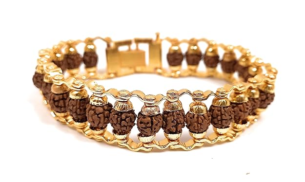 Rudraksha Gold Plated Bracelet Natural Original Rudraksha Certified Real 5 Mukhi Rudraksha Bracelet Stylish for Men Women Boy Girl Unisex 8mm Beads Stretchable  Brand : Rocksmins