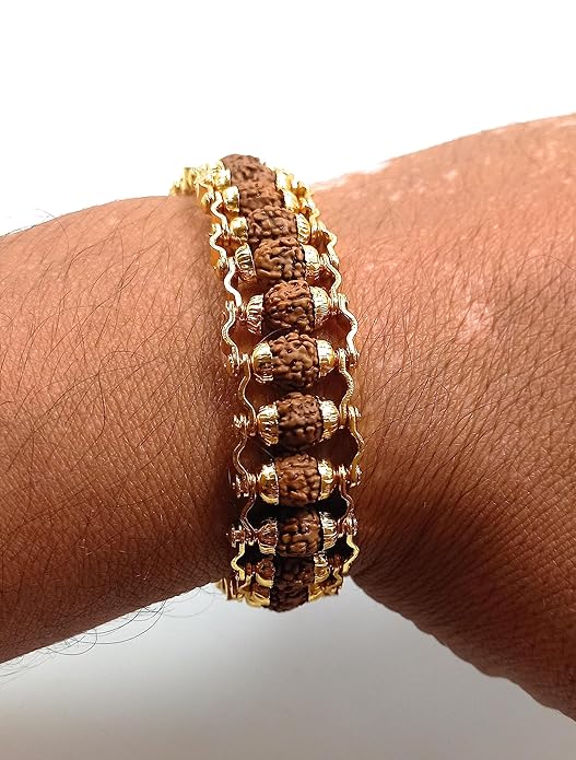 Rudraksha Gold Plated Bracelet Natural Original Rudraksha Certified Real 5 Mukhi Rudraksha Bracelet Stylish for Men Women Boy Girl Unisex 8mm Beads Stretchable  Brand : Rocksmins