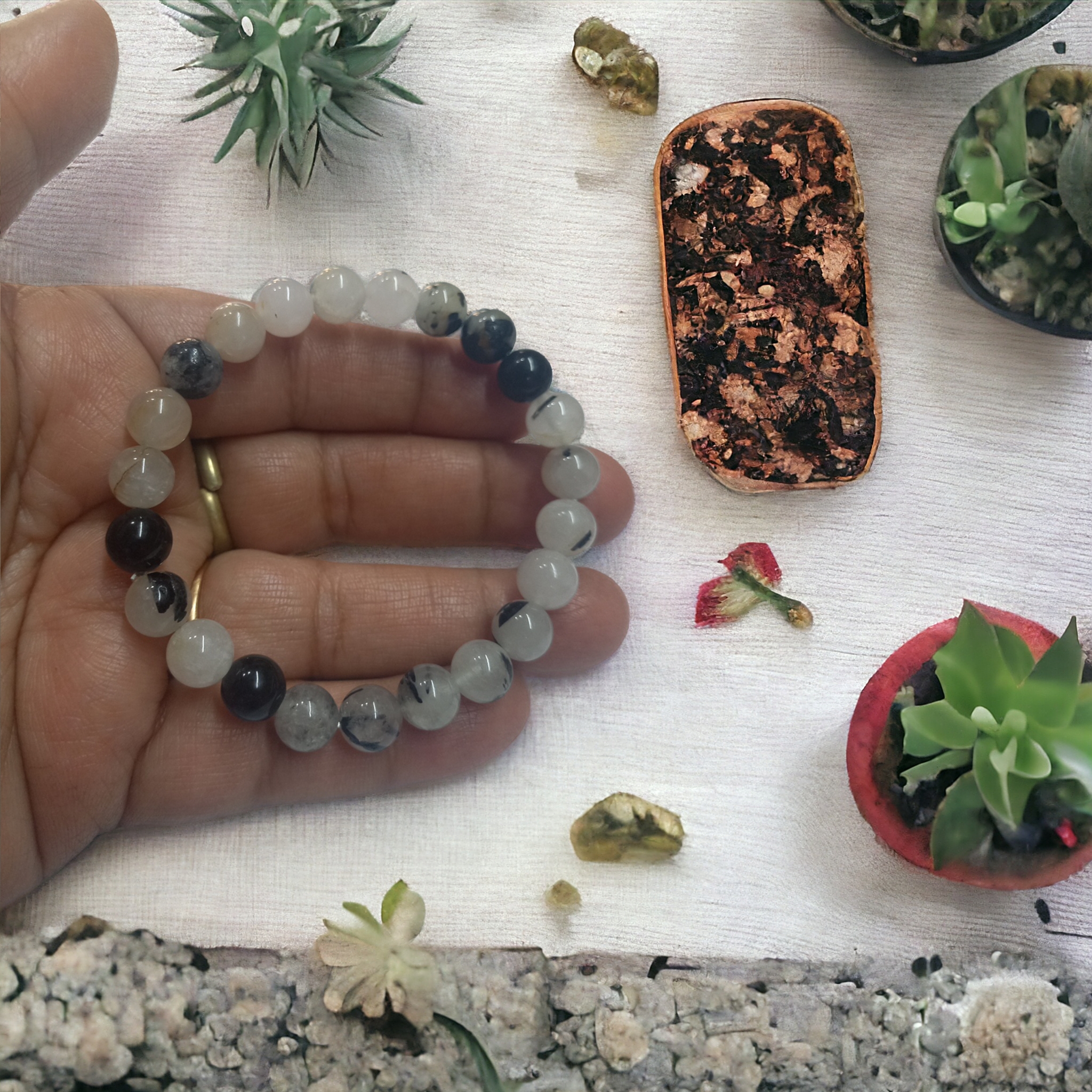 Rutile Black Bracelet Natural Original Crystal Certified Real Stone Stylish for Men Women Boy Girl Unisex 8mm Beads Stretchable Brand : Rocksmins