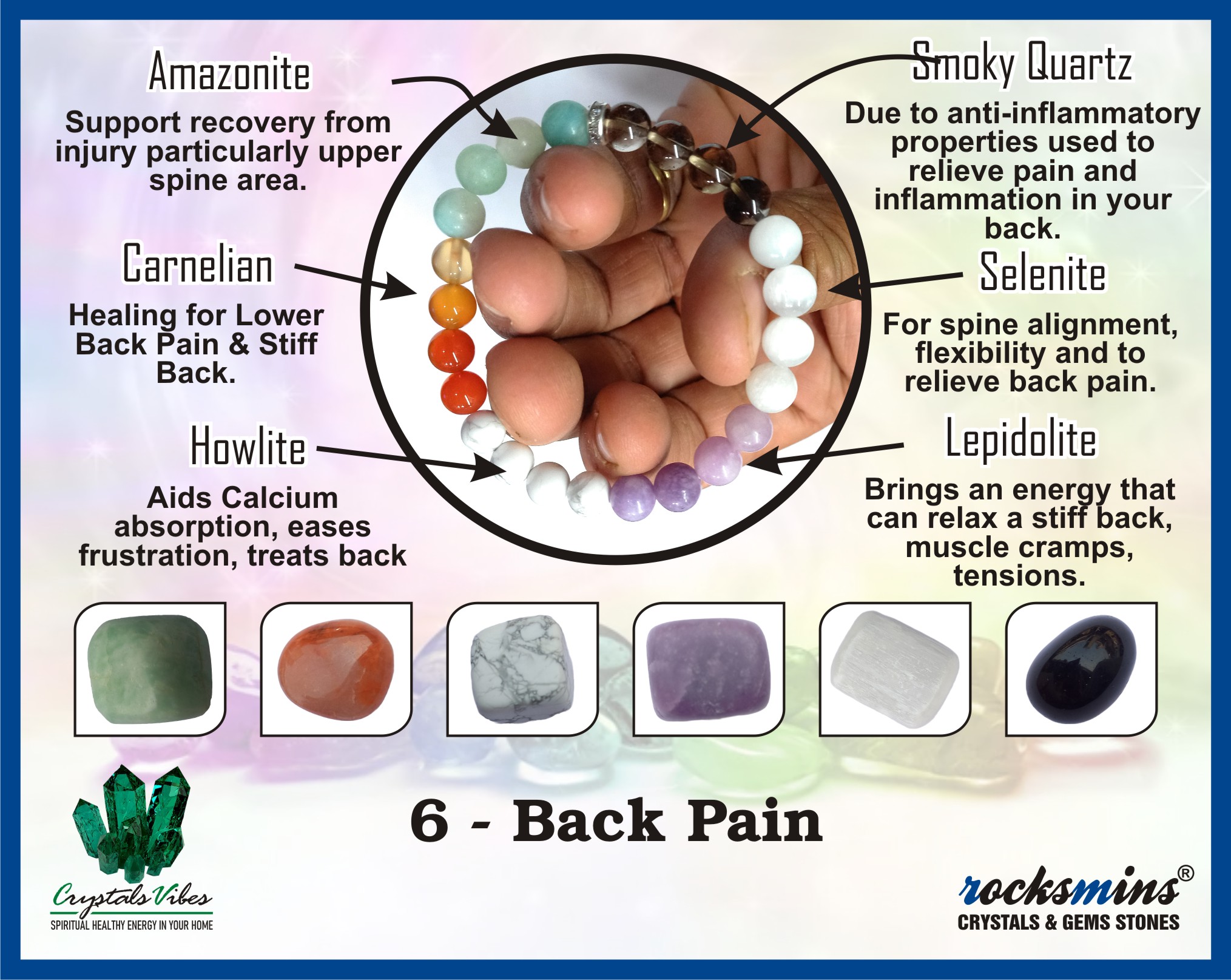 Back Pain Remedies & Intentions Bracelet Natural Made With Original Crystal Stone for Men Women Boy Girl Unisex 8mm Beads Stretchable Brand :- Rocksmins