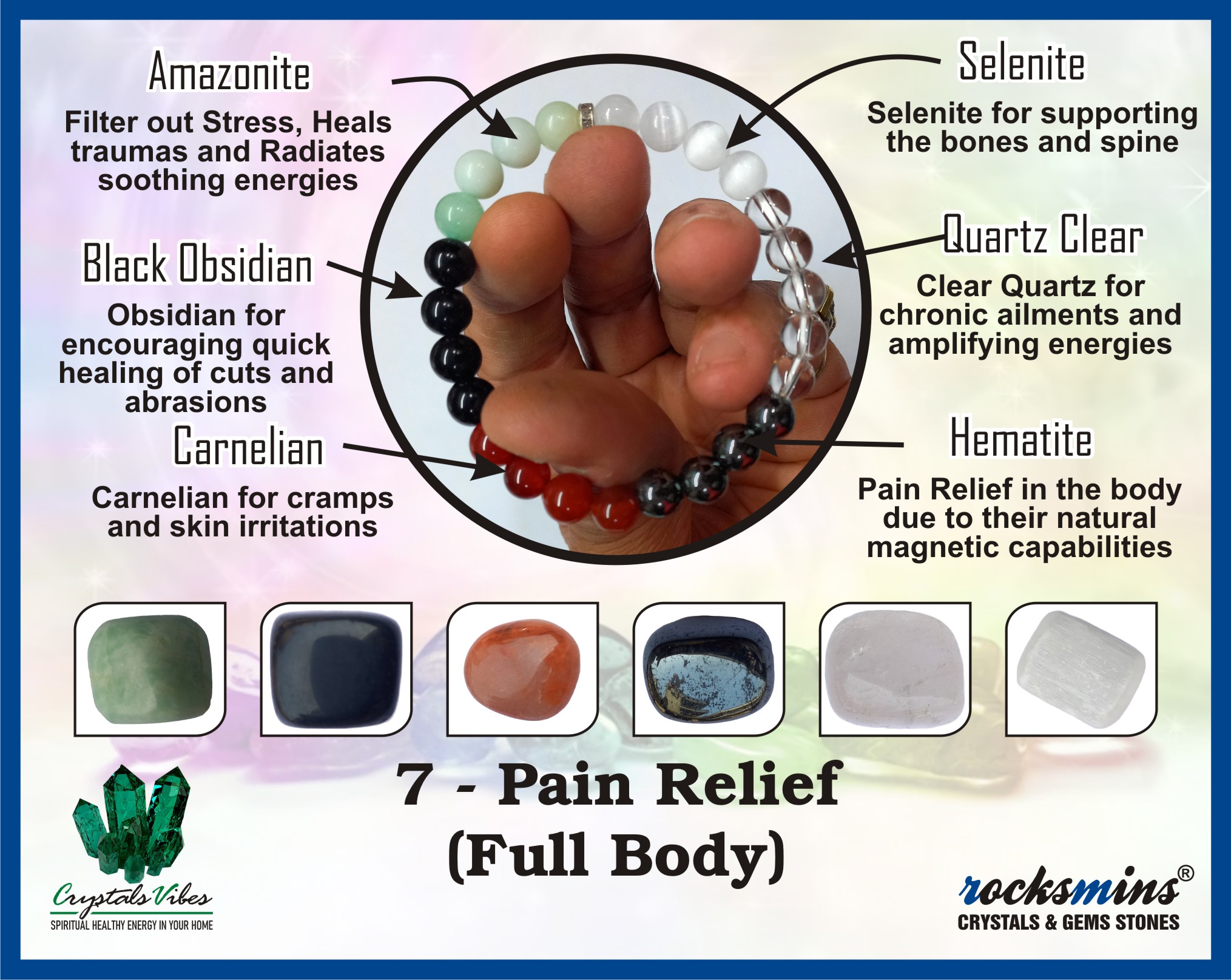 Pain Relief Remedies & Intentions Bracelet Natural Made With Original Crystal Stone for Men Women Boy Girl Unisex 8mm Beads Stretchable Brand :- Rocksmins