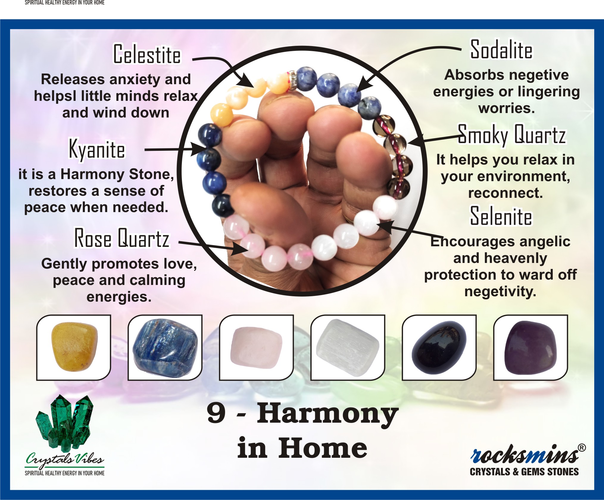 Harmony in Home Remedies & Intentions Bracelet Natural Made With Original Crystal Stone for Men Women Boy Girl Unisex 8mm Beads Stretchable Brand :- Rocksmins