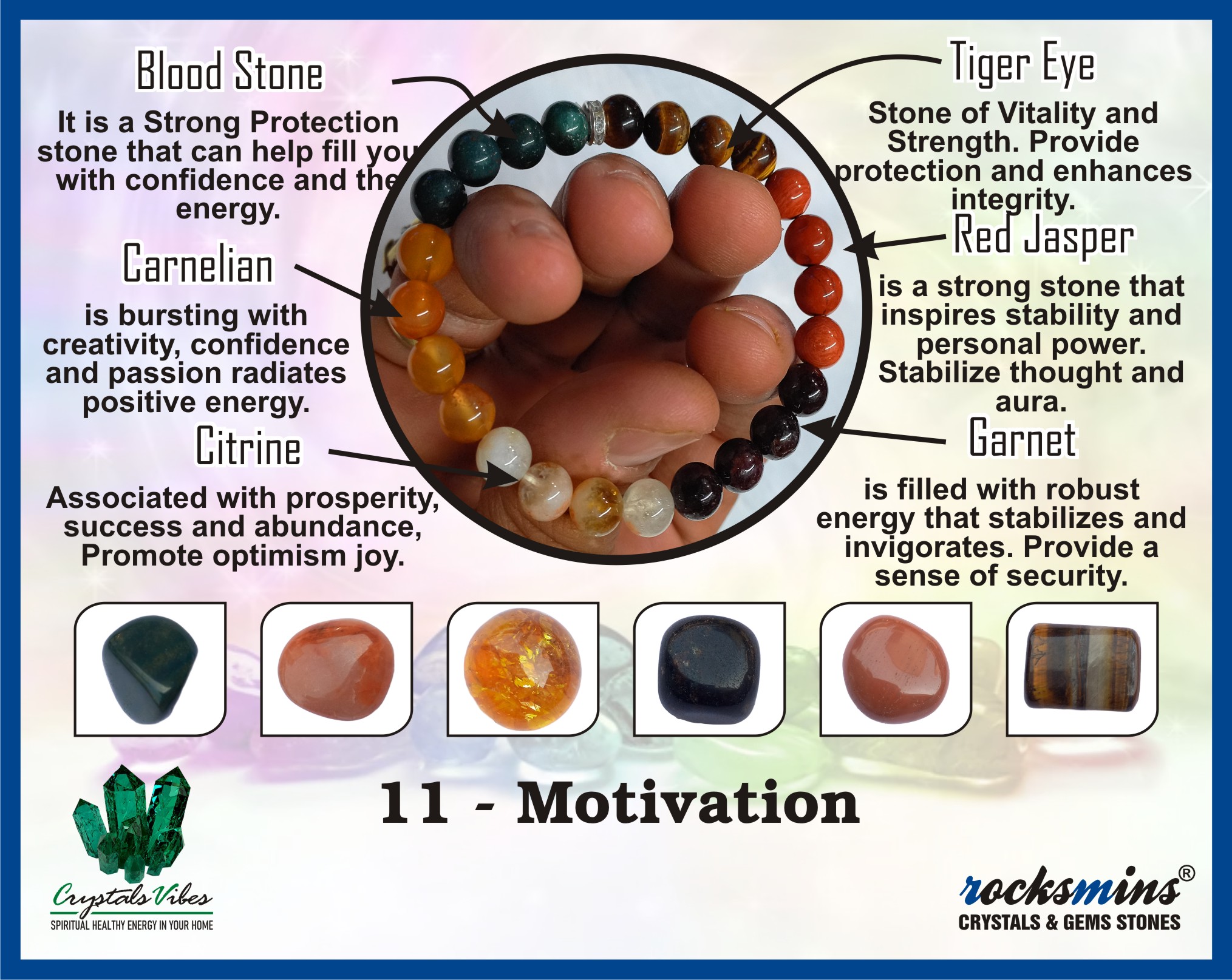 Motivation Remedies & Intentions Bracelet Natural Made With Original Crystal Stone for Men Women Boy Girl Unisex 8mm Beads Stretchable Brand :- Rocksmins