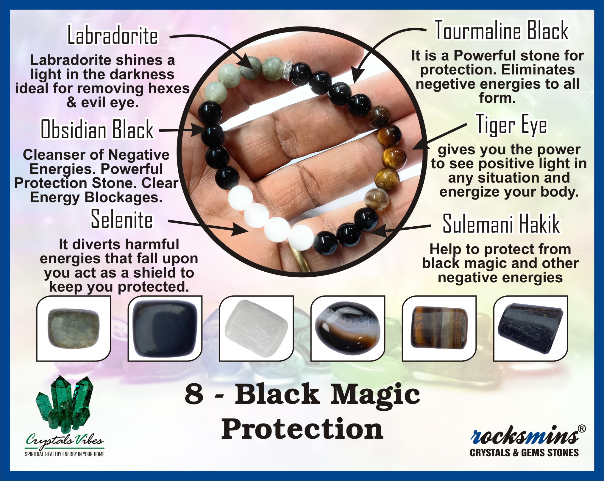 Black Magic Protection Remedies & Intentions Bracelet Natural Made With Original Crystal Stone for Men Women Boy Girl Unisex 8mm Beads Stretchable Brand :- Rocksmins