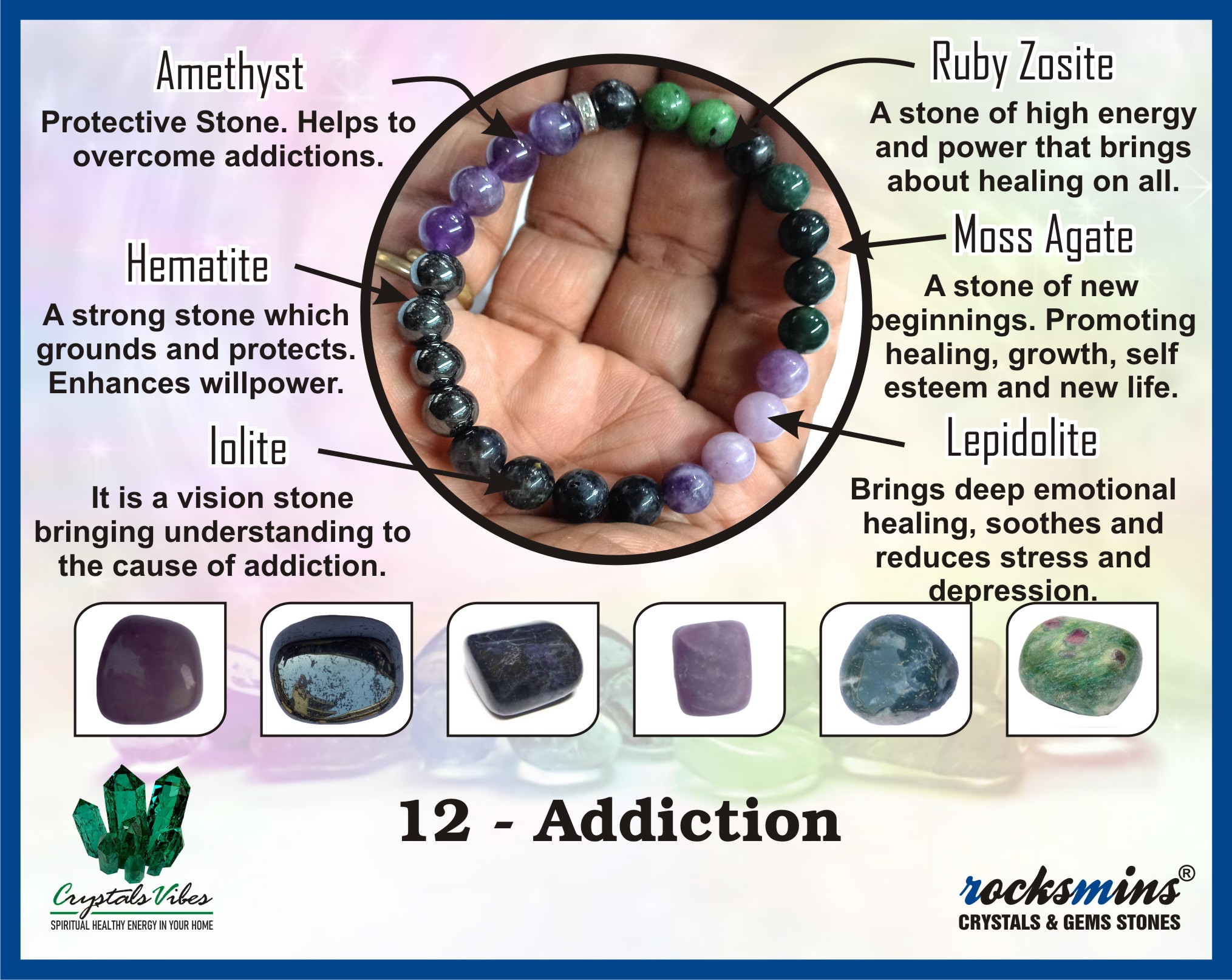 Addiction Remedies & Intentions Bracelet Natural Made With Original Crystal Stone for Men Women Boy Girl Unisex 8mm Beads Stretchable Brand :- Rocksmins