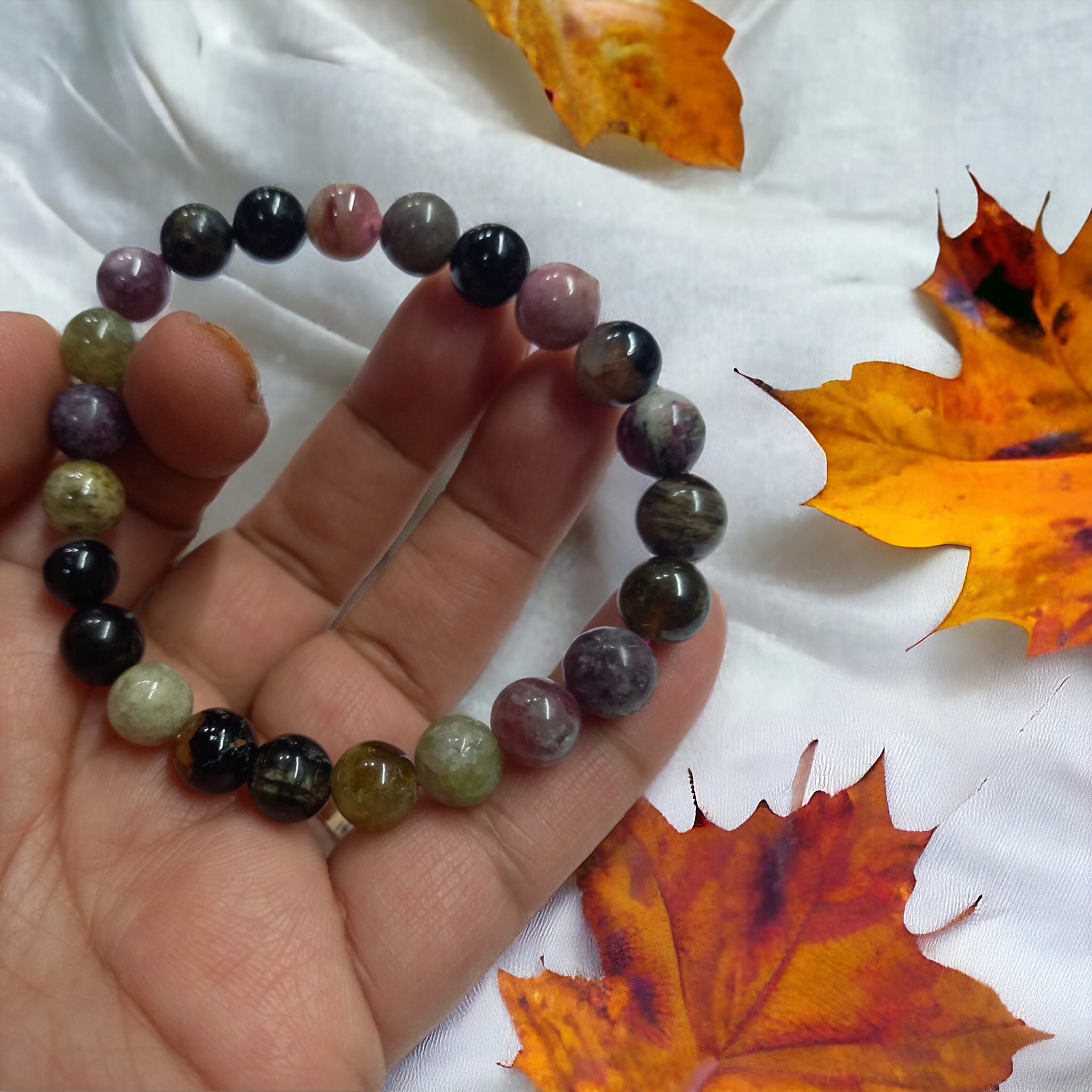 Tourmaline Multi Bracelet Natural Original Crystal Certified Real Stone Stylish for Men Women Boy Girl Unisex 8mm Beads Stretchable Brand : Rocksmins