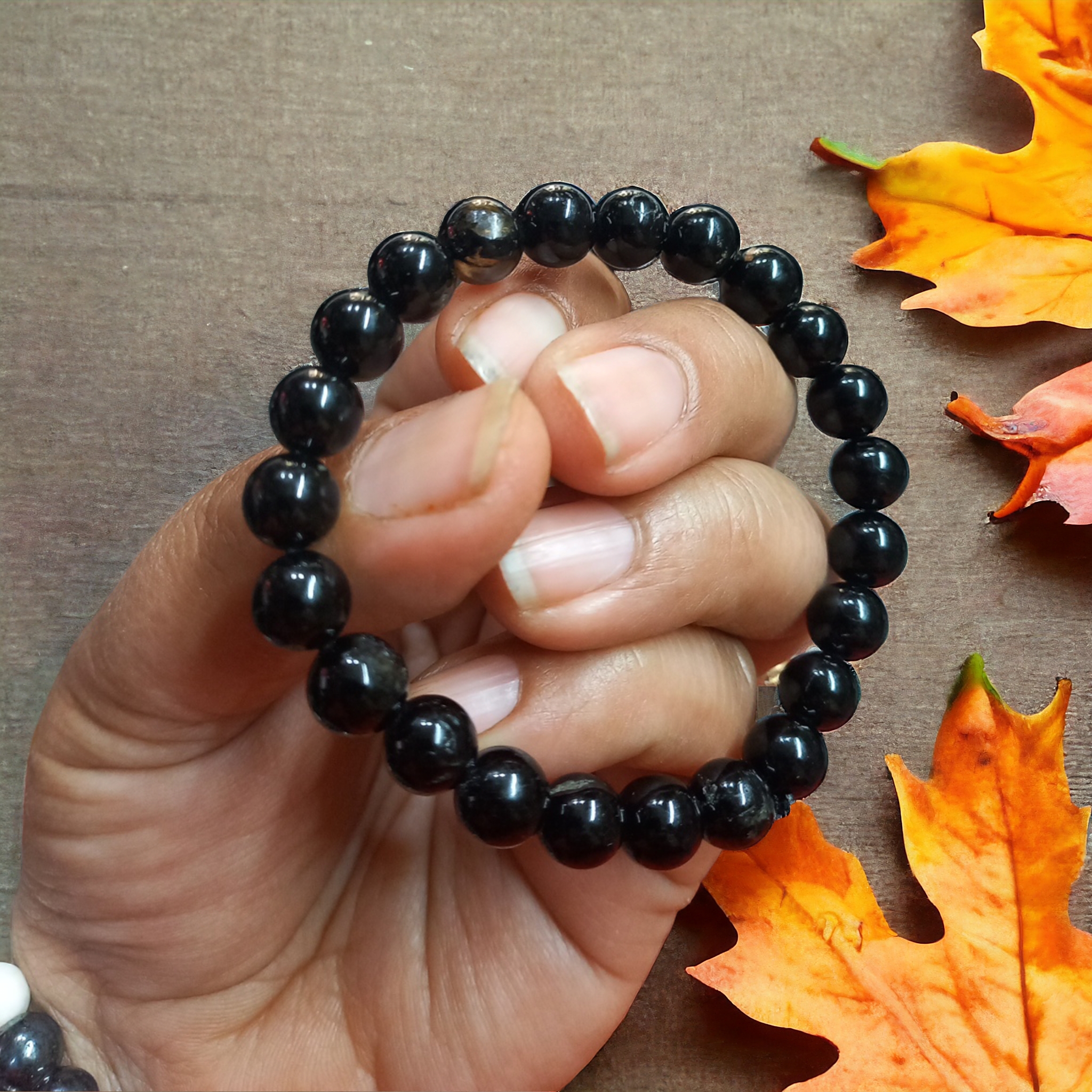 Tourmaline Black Bracelet Natural Original Crystal Certified Real Stone Stylish for Men Women Boy Girl Unisex 8mm Beads Stretchable Brand : Rocksmins