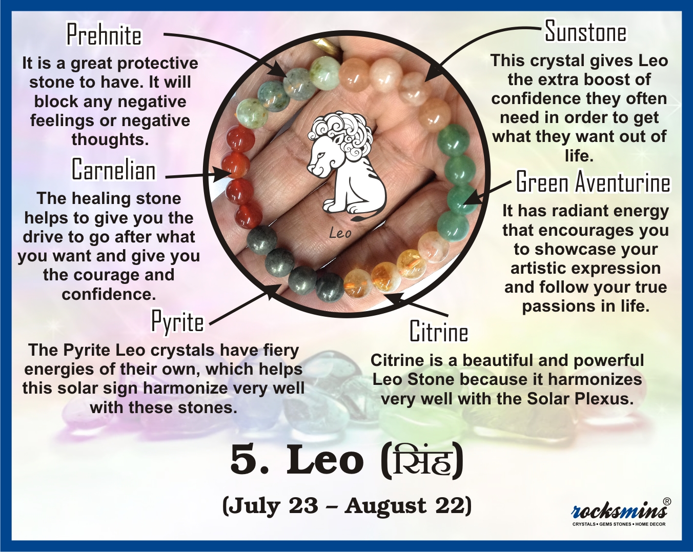 05 Rocksmins Bracelet for Leo (Singh) Zodiac Sign Natural Original Crystal Real Stone for Men Women Boy Girl Unisex 8mm Beads Stretchable