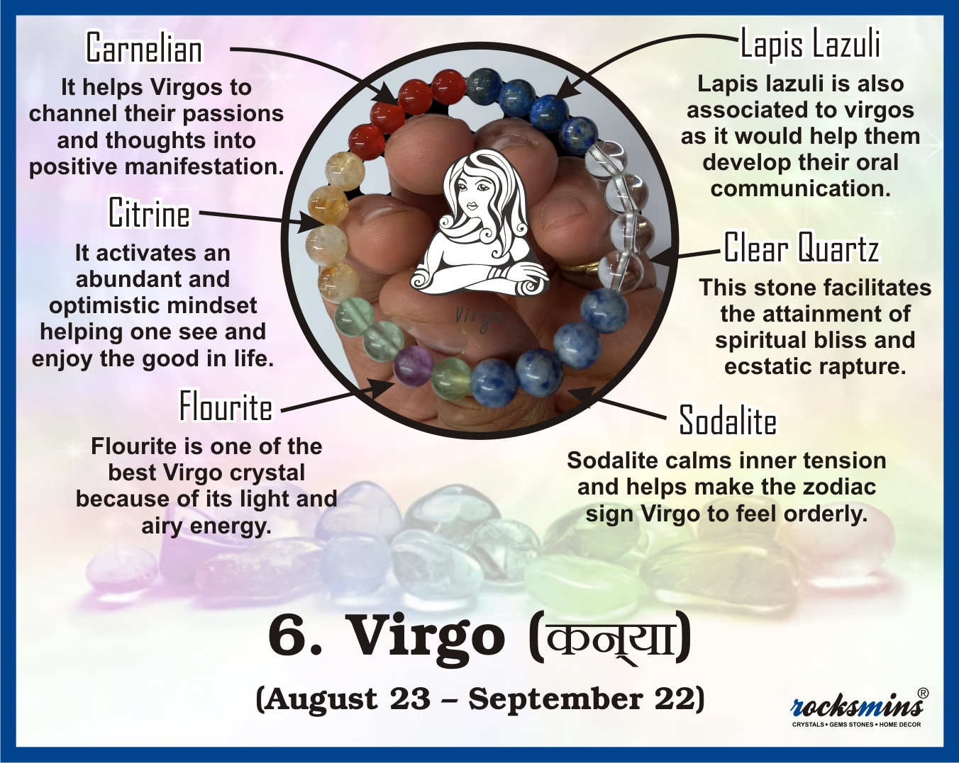 06 Rocksmins Bracelet for Virgo (Kanya) Zodiac Sign Natural Original Crystal Real Stone for Men Women Boy Girl Unisex 8mm Beads Stretchable