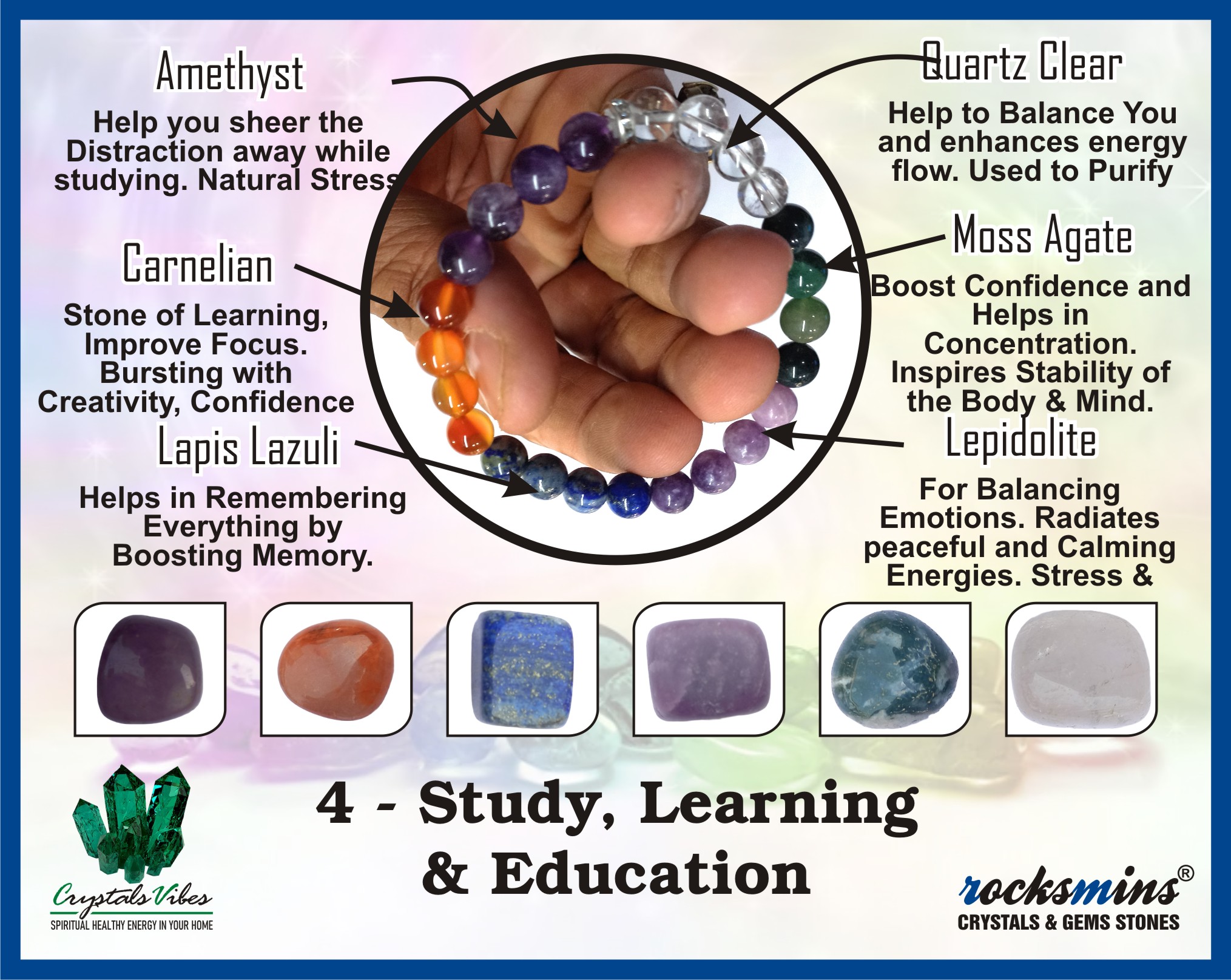 Study, Learning & Education Remedies & Intentions Bracelet Natural Made With Original Crystal Stone for Men Women Boy Girl Unisex 8mm Beads Stretchable Brand :- Rocksmins