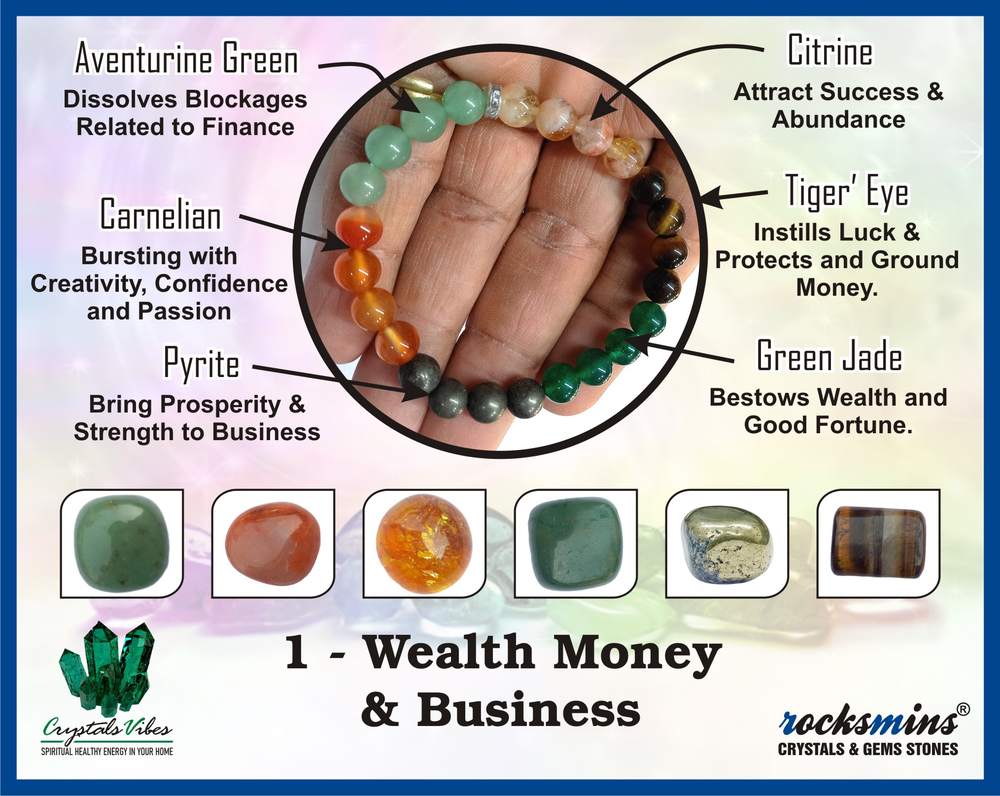 Wealth, Money & Business Remedies & Intentions Bracelet Natural Made With Original Crystal Stone for Men Women Boy Girl Unisex 8mm Beads Stretchable Brand :- Rocksmins