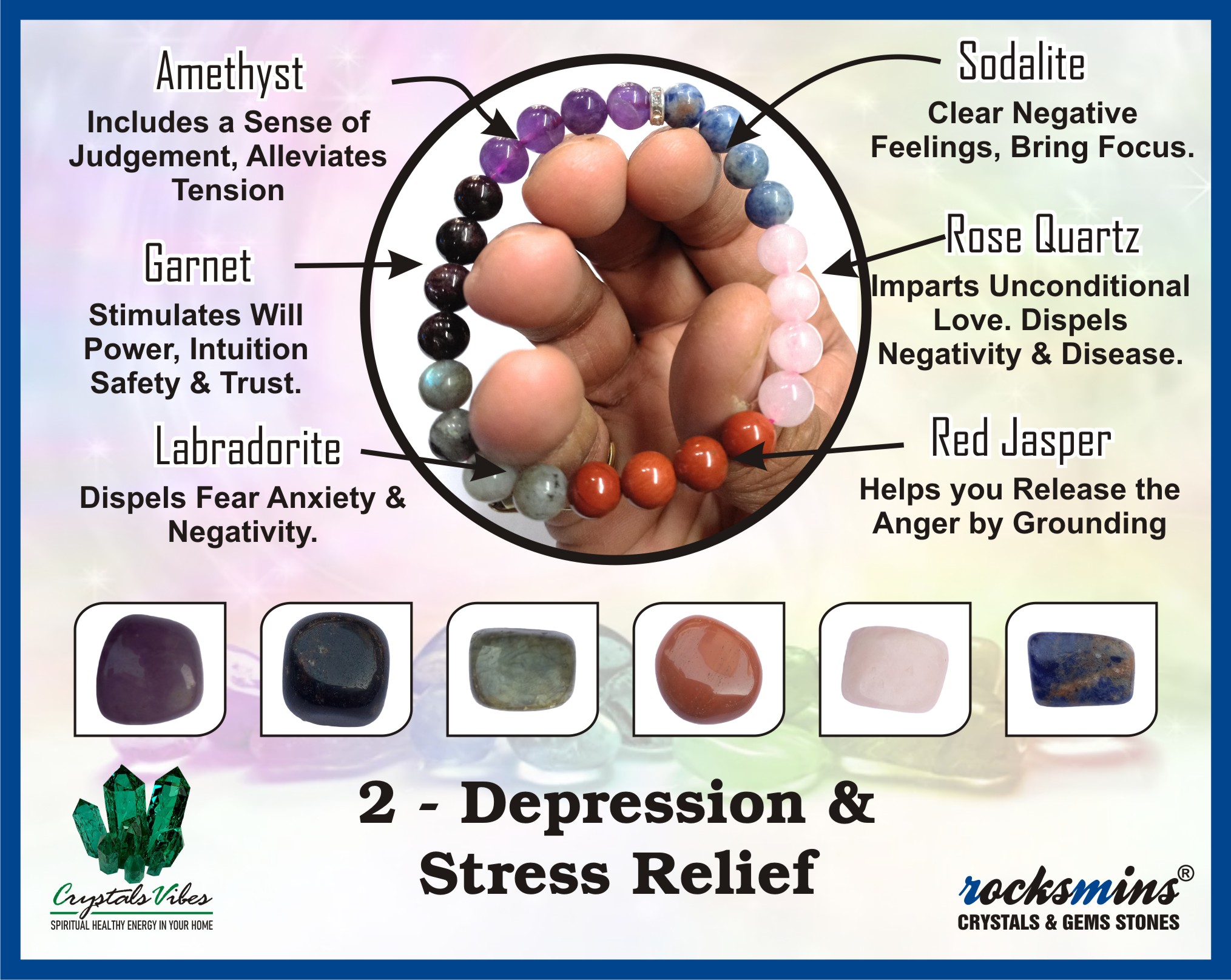 Depression & Stress Relief Remedies & Intentions Bracelet Natural Made With Original Crystal Stone for Men Women Boy Girl Unisex 8mm Beads Stretchable Brand :- Rocksmins
