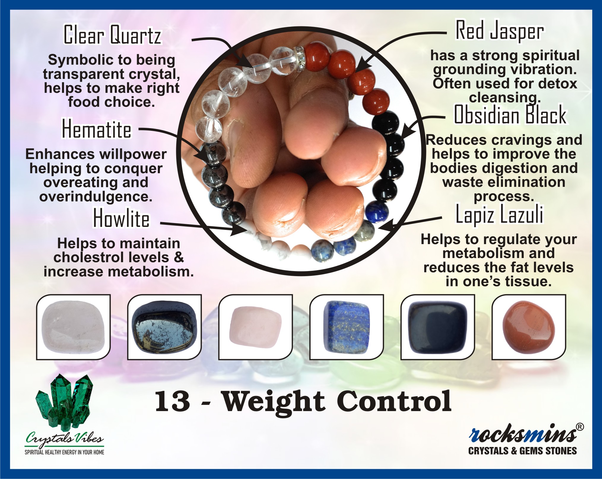 Weight Control Remedies & Intentions Bracelet Natural Made With Original Crystal Stone for Men Women Boy Girl Unisex 8mm Beads Stretchable Brand :- Rocksmins