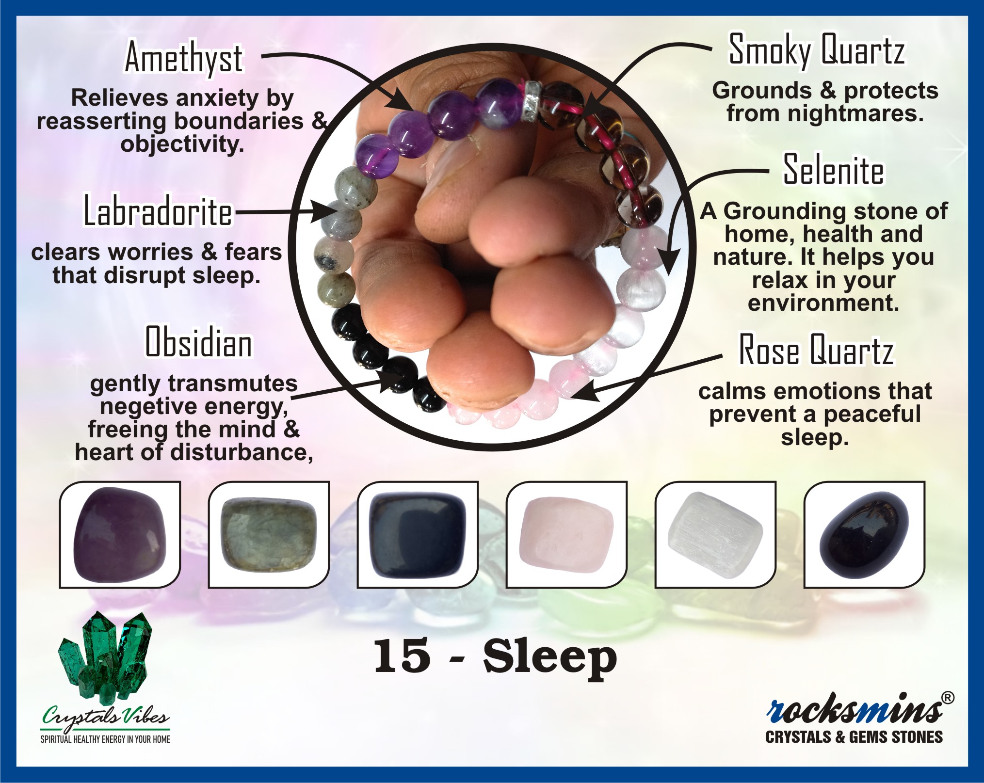 Sleep Remedies & Intentions Bracelet Natural Made With Original Crystal Stone for Men Women Boy Girl Unisex 8mm Beads Stretchable Brand :- Rocksmins