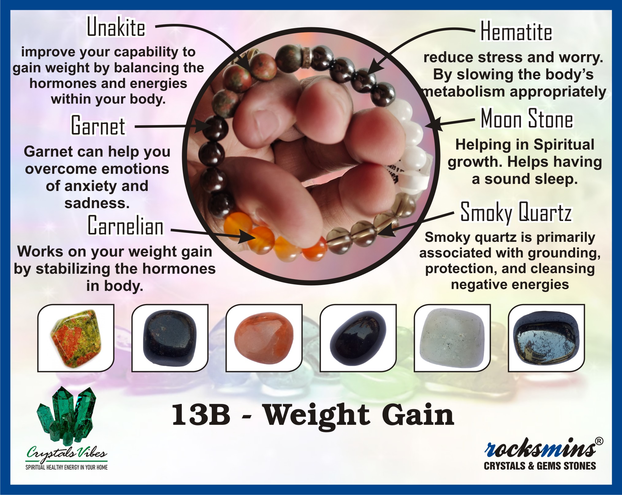 Weight Gain Remedies & Intentions Bracelet Natural Made With Original Crystal Stone for Men Women Boy Girl Unisex 8mm Beads Stretchable Brand :- Rocksmins