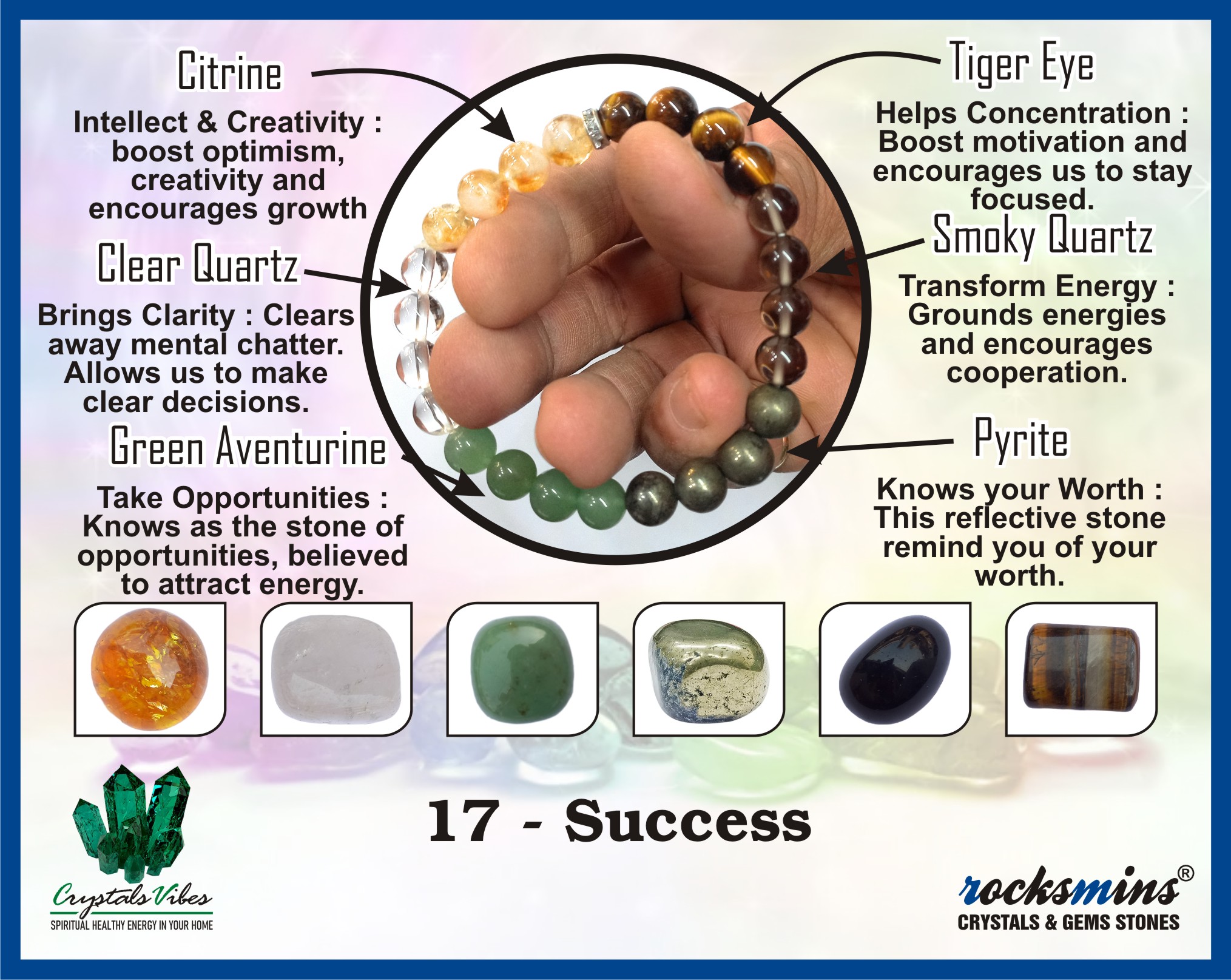 Success Remedies & Intentions Bracelet Natural Made With Original Crystal Stone for Men Women Boy Girl Unisex 8mm Beads Stretchable Brand :- Rocksmins