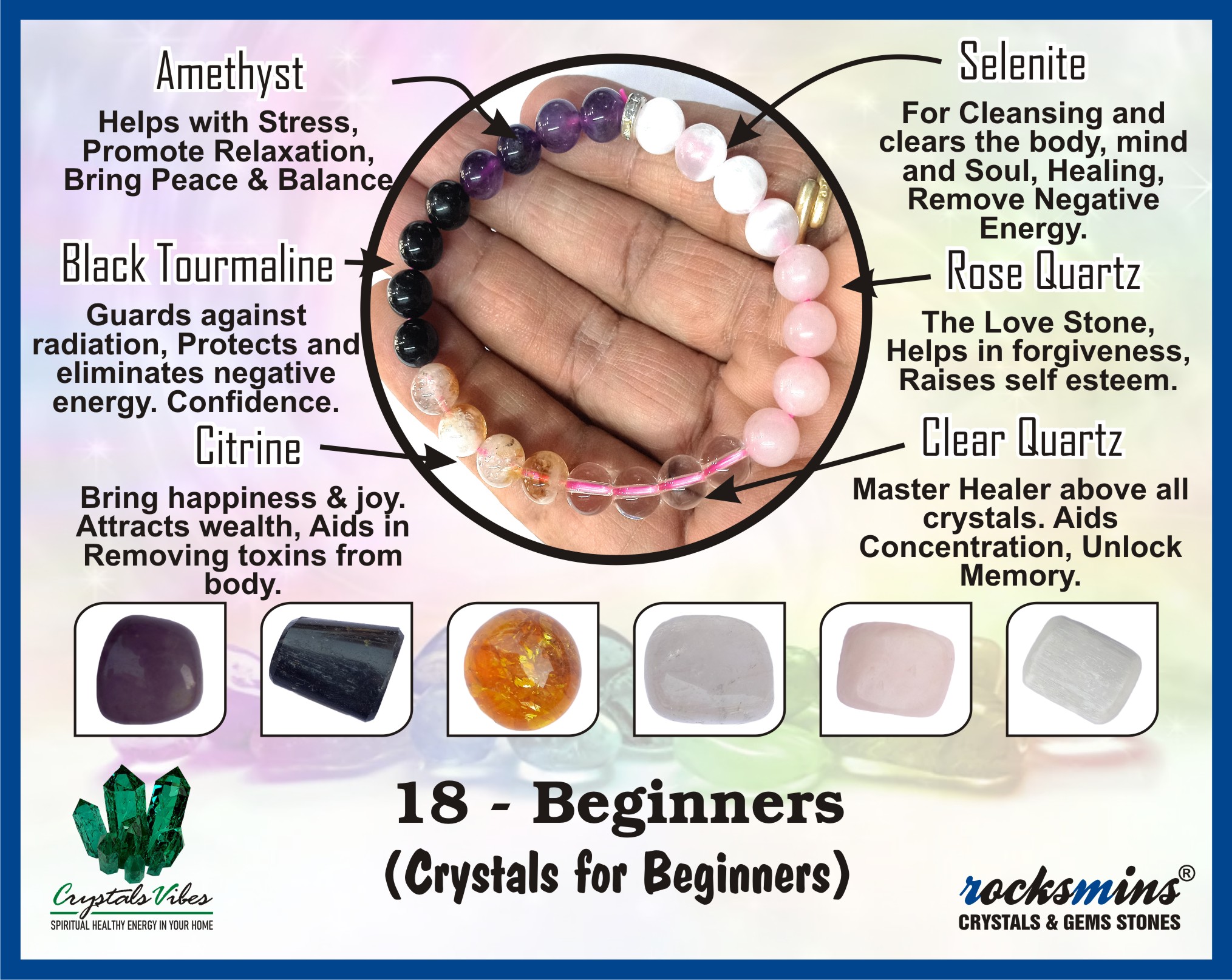 Beginners Remedies & Intentions Bracelet Natural Made With Original Crystal Stone for Men Women Boy Girl Unisex 8mm Beads Stretchable Brand :- Rocksmins