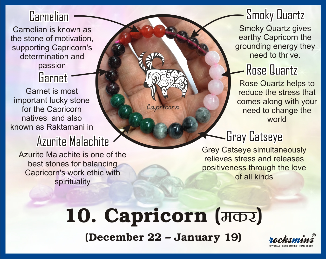 10 Rocksmins Bracelet for Capricorn (Makar) Zodiac Sign Natural Original Crystal Real Stone for Men Women Boy Girl Unisex 8mm Beads Stretchable.