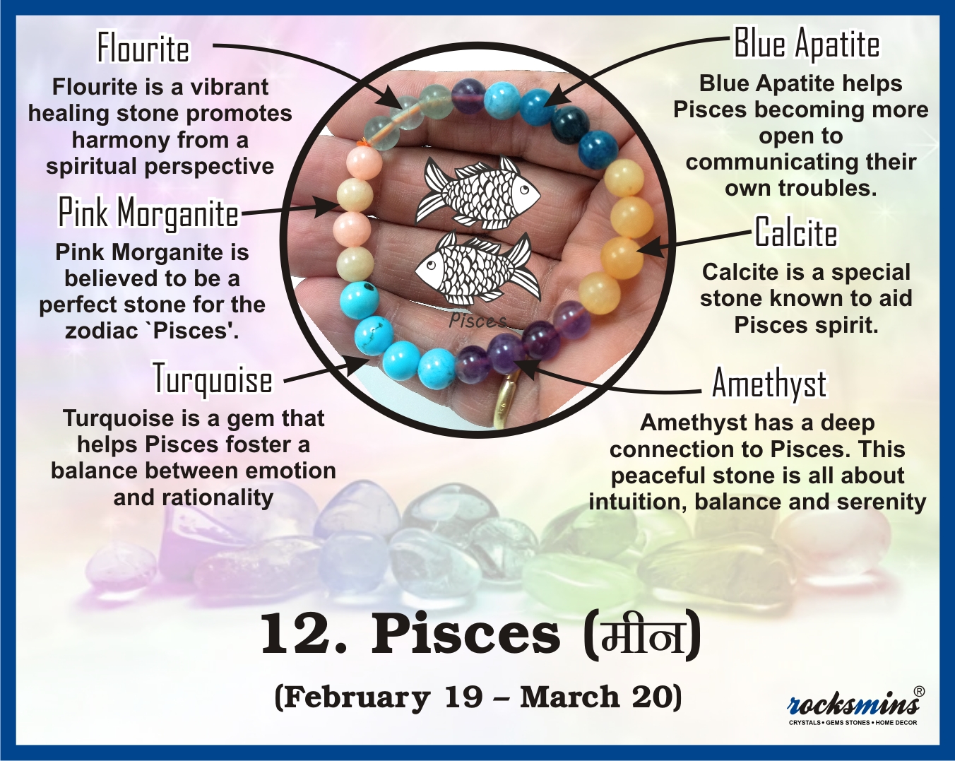 12 Rocksmins Bracelet for Pisces (Mean) Zodiac Sign Natural Original Crystal Real Stone for Men Women Boy Girl Unisex 8mm Beads Stretchable.