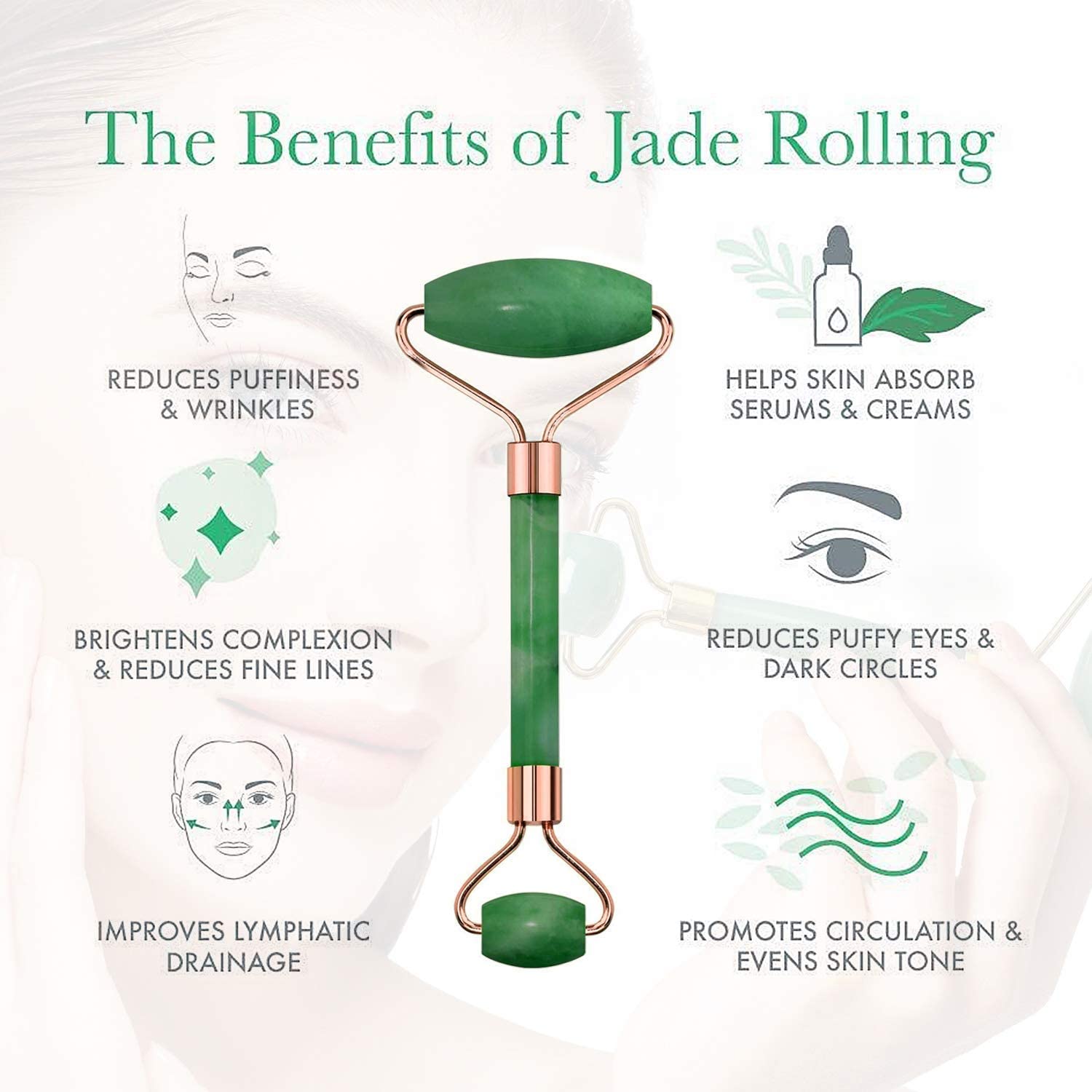 Green Jade Roller Facial Tool, 100% Natural Stone Scraping Massage Stone Board for Face Body Skin Spooning/SPA/Neck Relax/Soft Tissue Anti-Aging, Puffy Eyes Massager, Anti Wrinkle