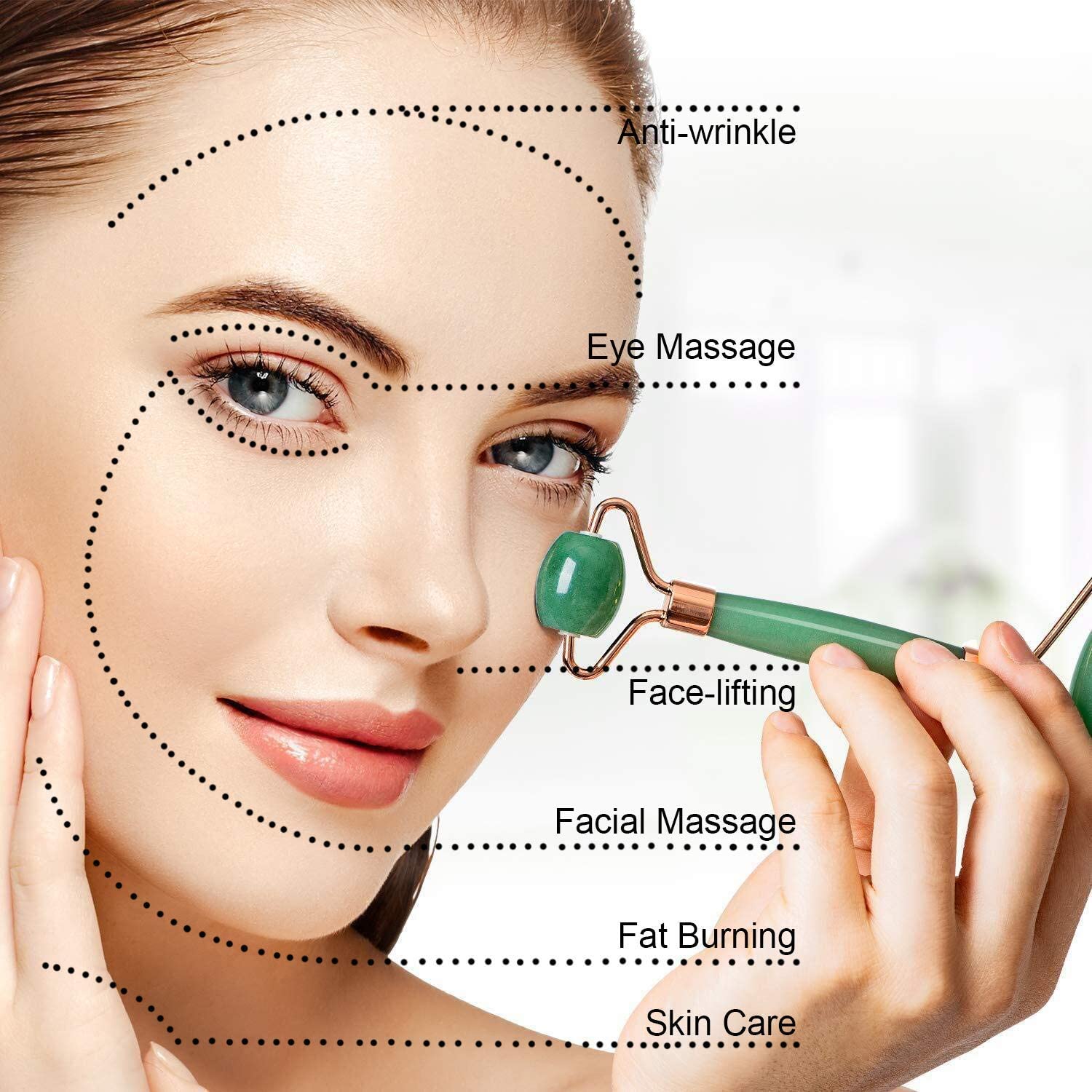 Green Jade Roller Facial Tool, 100% Natural Stone Scraping Massage Stone Board for Face Body Skin Spooning/SPA/Neck Relax/Soft Tissue Anti-Aging, Puffy Eyes Massager, Anti Wrinkle