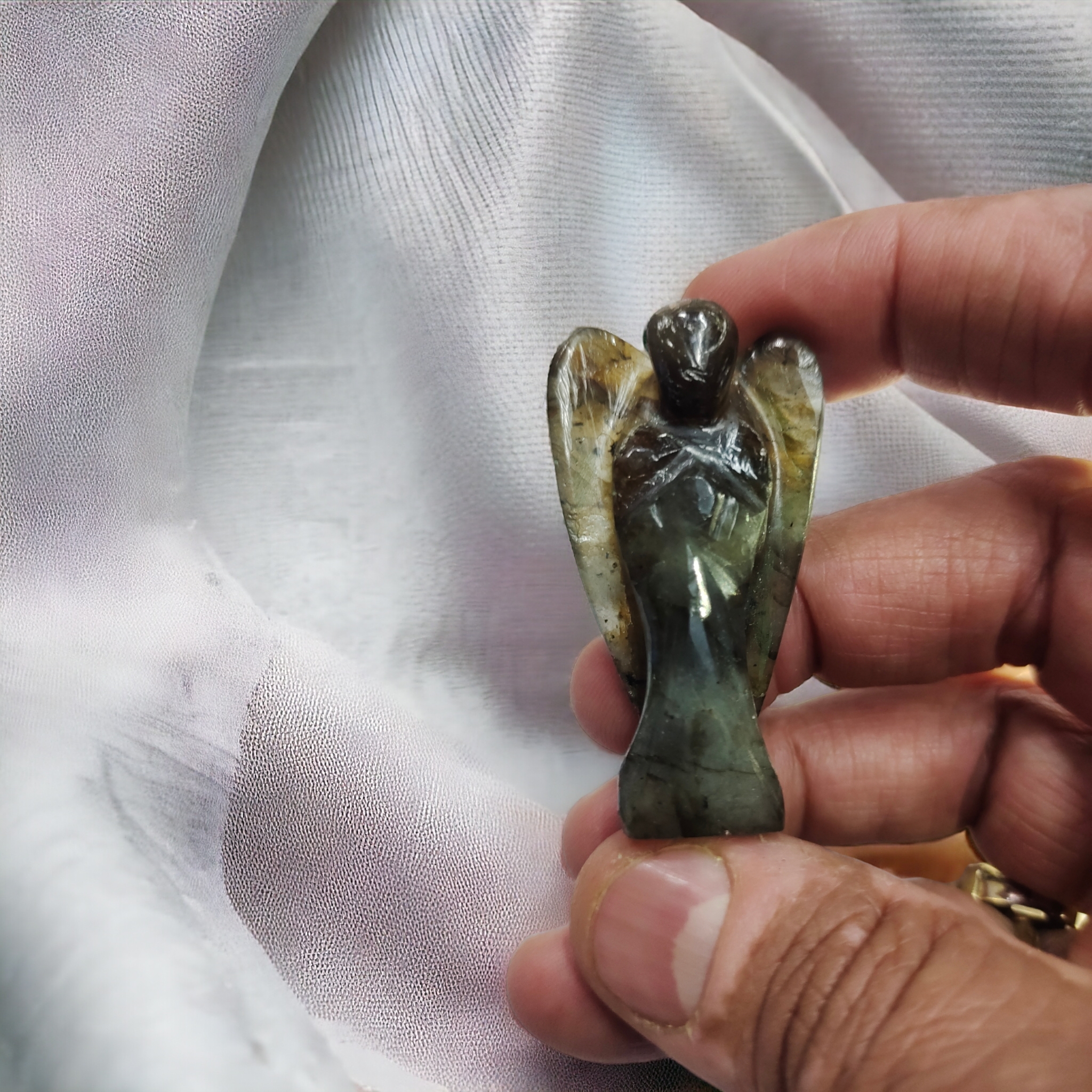 Labradorite Angel Natural Crystal 2 Inch Approx Original Semi Precious Stone Pocket Angel Figurines for Reiki Crystal Healing, Crystal Therapy, Meditation, Chakra Balancing Unisex Men Women Brand : Rocksmins