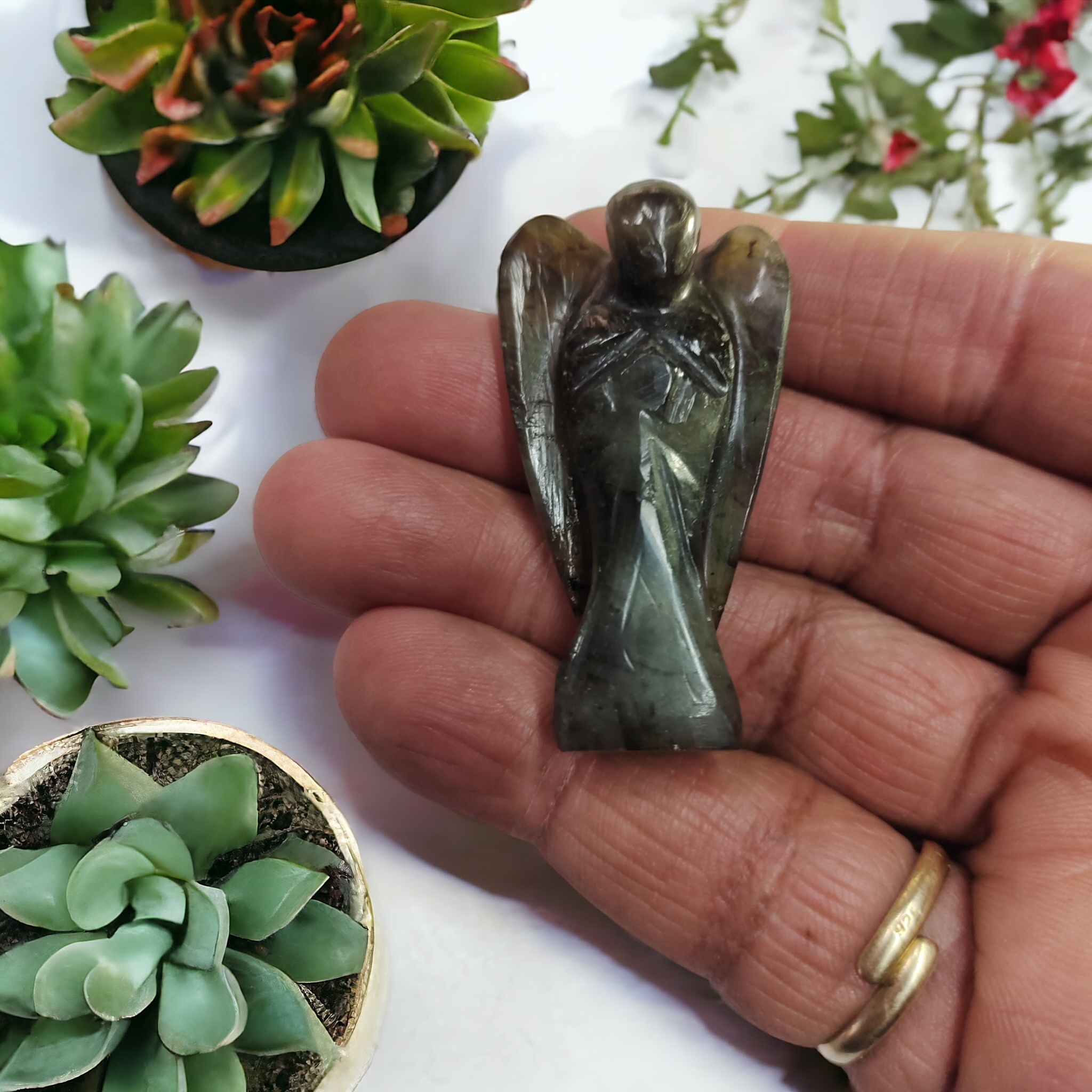 Labradorite Angel Natural Crystal 2 Inch Approx Original Semi Precious Stone Pocket Angel Figurines for Reiki Crystal Healing, Crystal Therapy, Meditation, Chakra Balancing Unisex Men Women Brand : Rocksmins