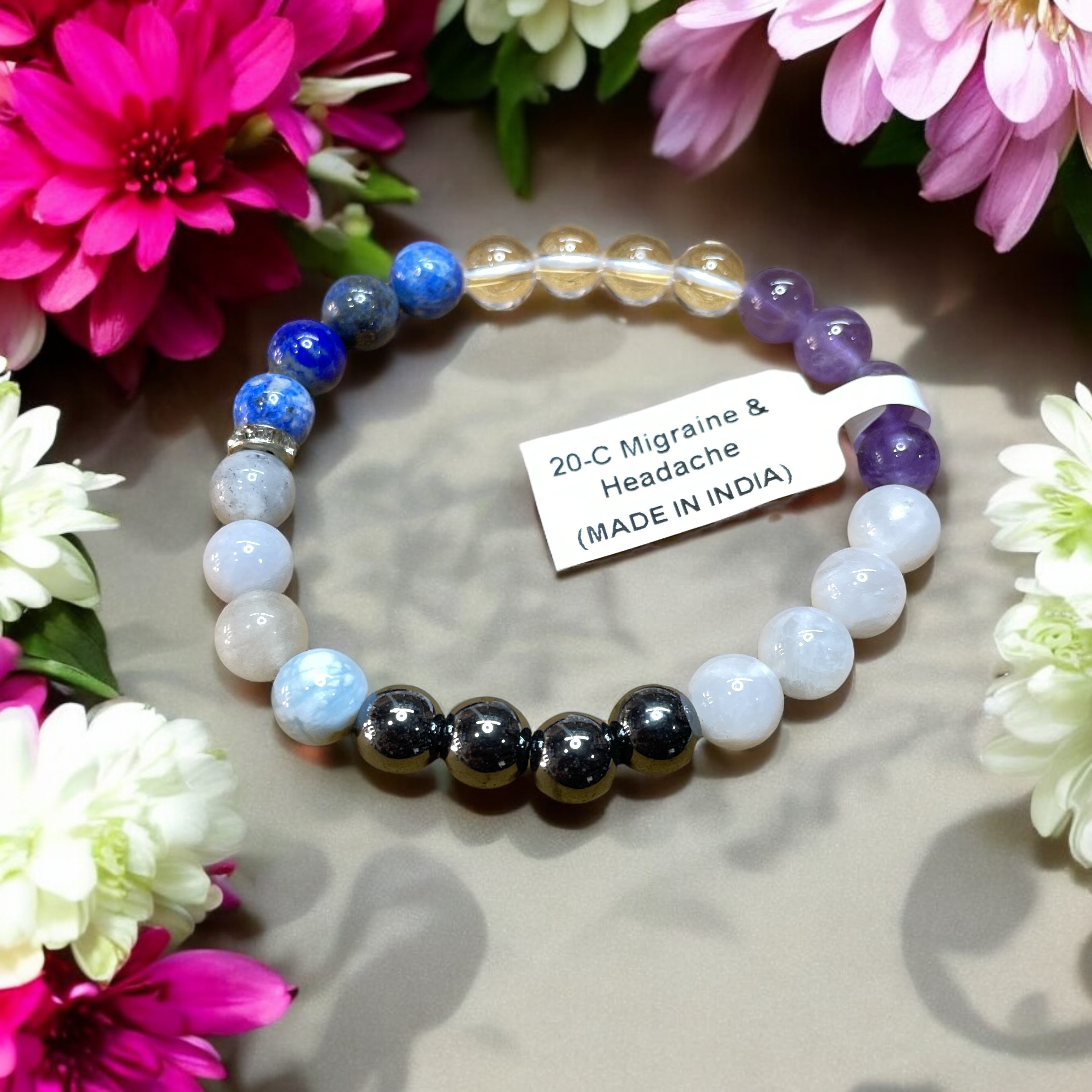 Migraine & Headache Remedies & Intentions Bracelet Natural Made With Original Crystal Stone for Men Women Boy Girl Unisex 8mm Beads Stretchable Brand :- Rocksmins