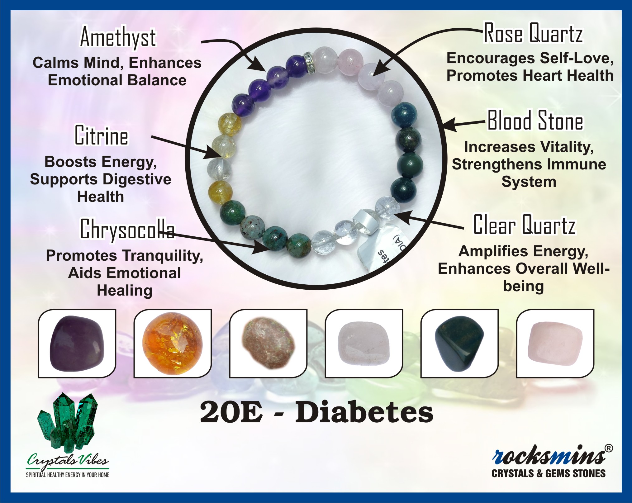 Diabetes Relief Remedies & Intentions Bracelet Natural Made With Original Crystal Stone for Men Women Boy Girl Unisex 8mm Beads Stretchable Brand :- Rocksmins