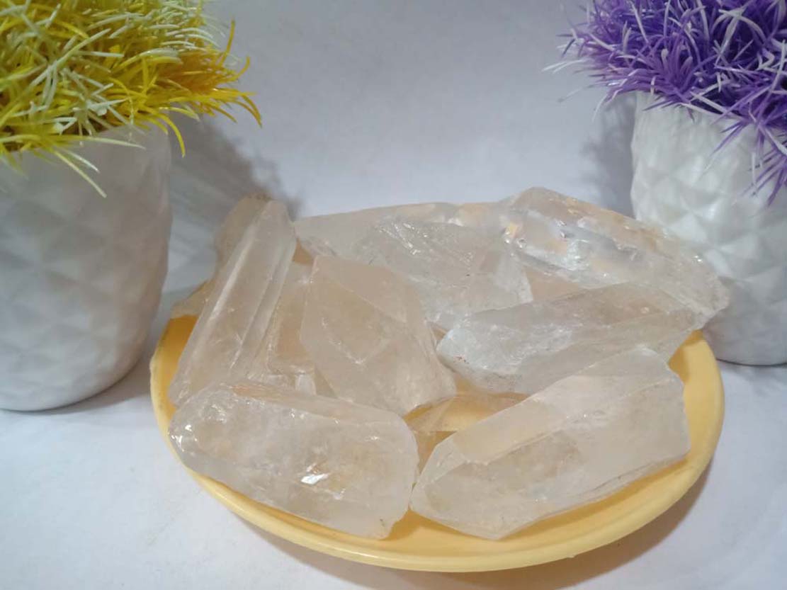 Quartz Crystal Pencil Natural Rough Stone 100gm+ For Reiki, Healing Aura Cleaning, Tumbling, Vastu, Meditation, Gardening, Decoration & Remove Negative Energy (Raw)   Brand : Rocksmins