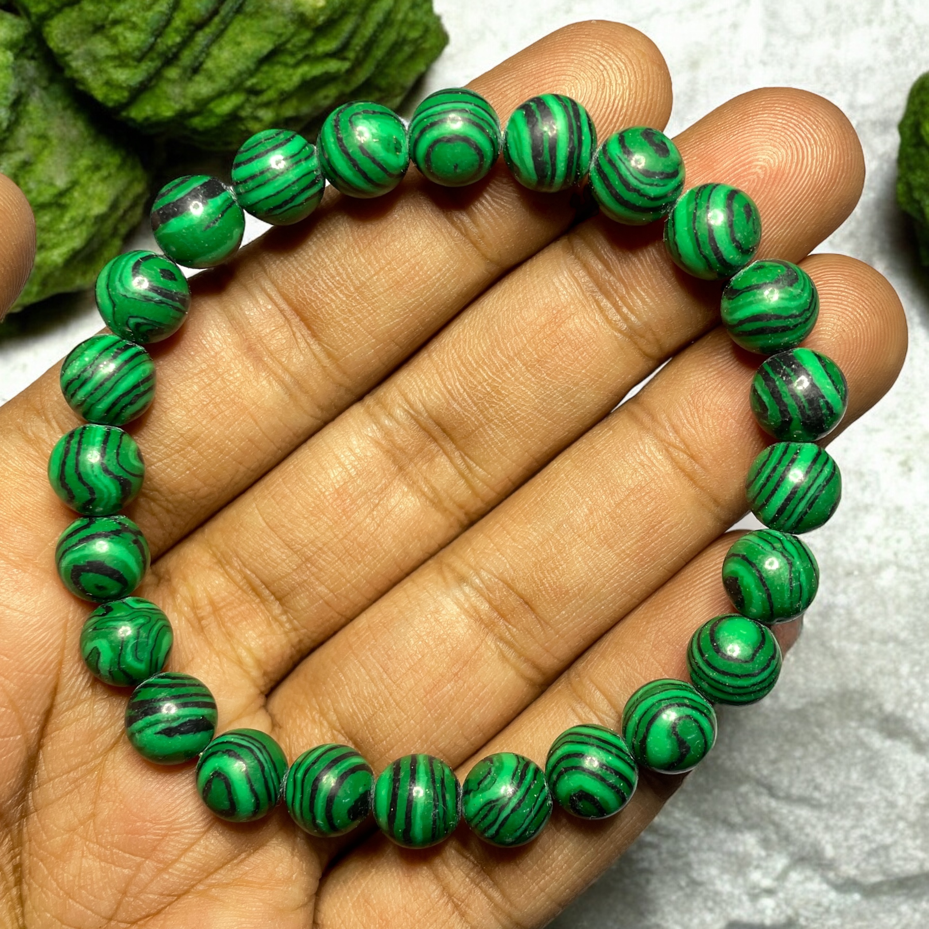 Malachite Synthetic Bracelet Stylish for Men Women Boy Girl Unisex 8mm Beads Stretchable Brand : Rocksmins 