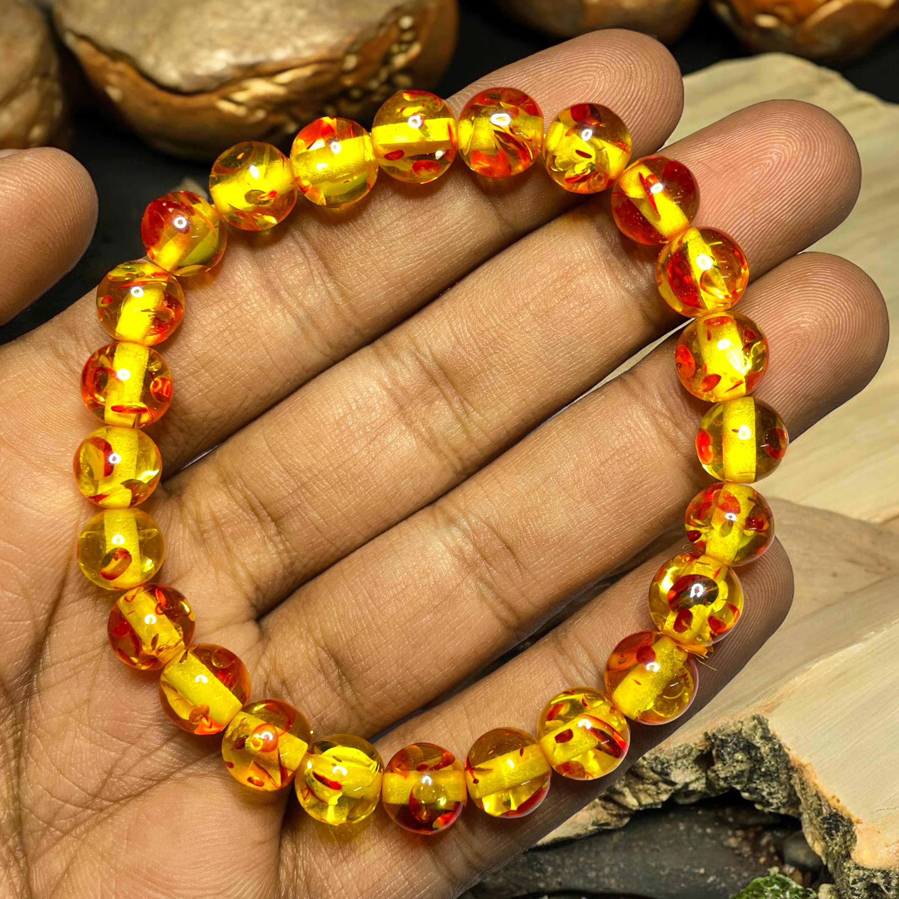 Amber Synthetic Bracelet Stylish for Men Women Boy Girl Unisex 8mm Beads Stretchable Brand : Rocksmins