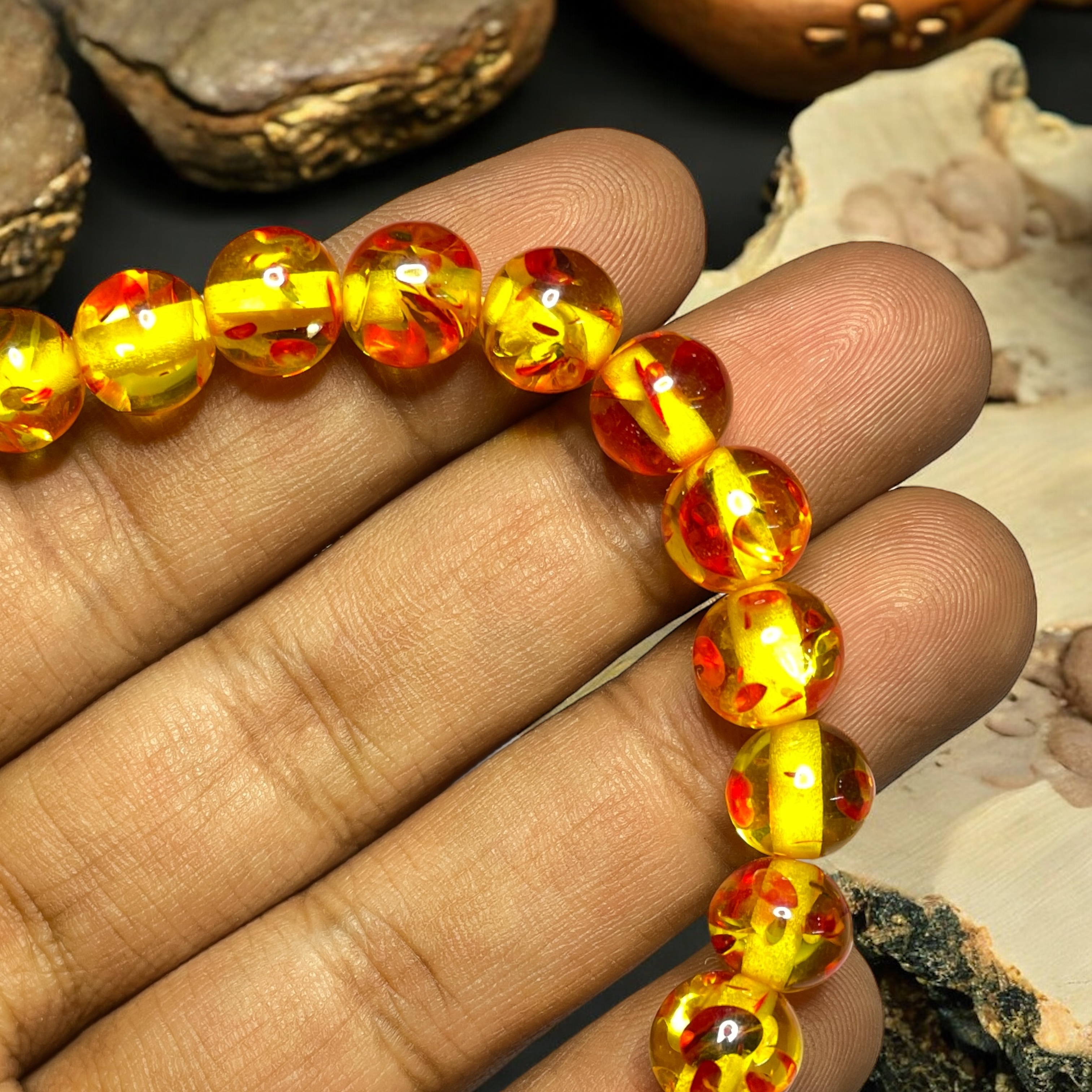 Amber Synthetic Bracelet Stylish for Men Women Boy Girl Unisex 8mm Beads Stretchable Brand : Rocksmins