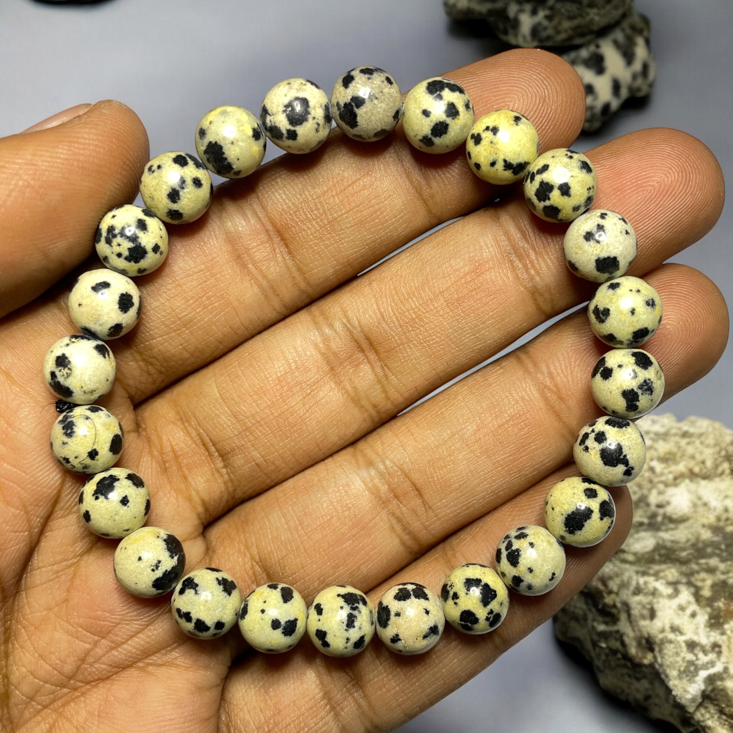 Dalmatian Jasper Bracelet Natural Original Crystal Certified Real Stone Stylish for Men Women Boy Girl Unisex 8mm Beads Stretchable Brand : Rocksmins