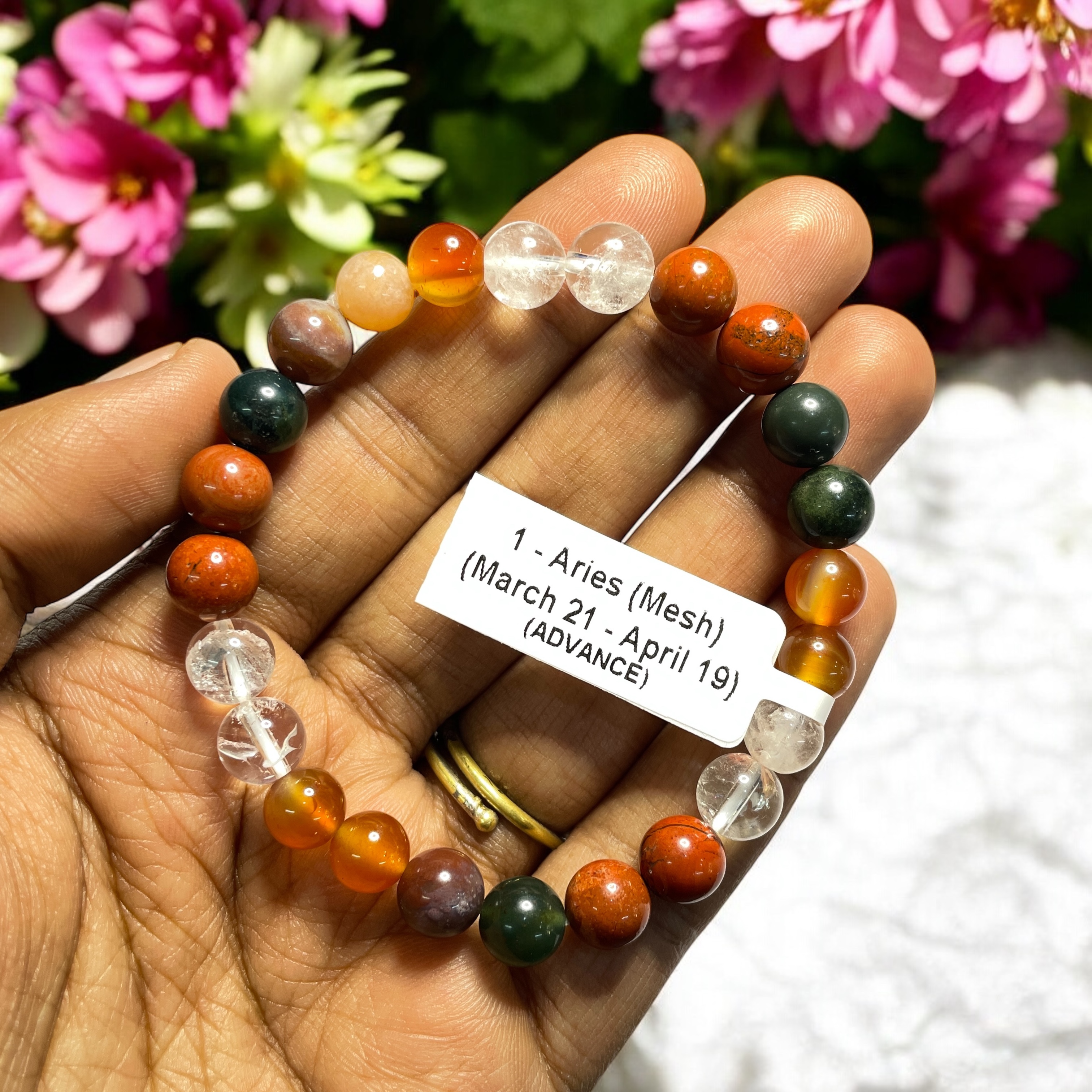 01 Rocksmins Bracelet for Aries (Mesh)(Advance) Zodiac Sign Natural Original Crystal Real Stone for Men Women Boy Girl Unisex 8mm Beads Stretchable