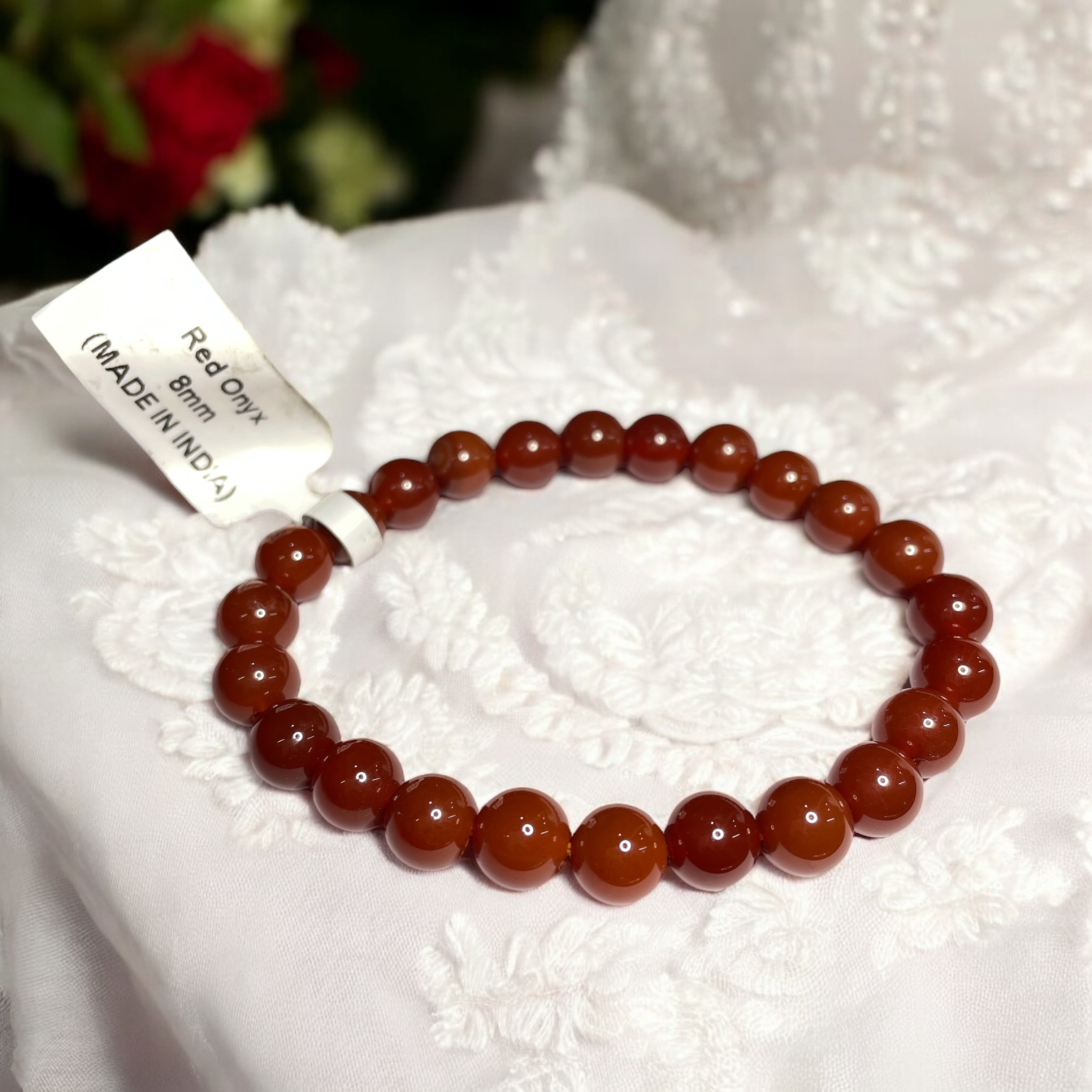 Red Onyx Bracelet Natural Original Crystal Certified Real Stone Stylish for Men Women Boy Girl Unisex 8mm Beads Stretchable Brand : Rocksmins