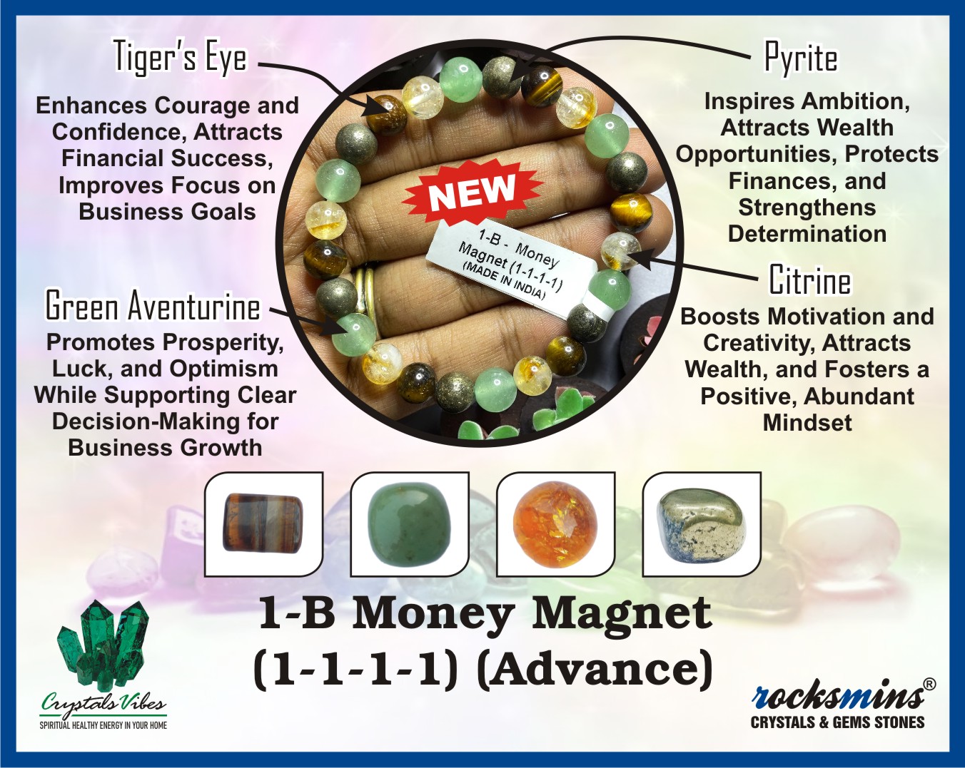 Money Magnet 1-B Remedies & Intentions Bracelet Natural Made With Original Crystal Stone for Men Women Boy Girl Unisex 8mm Beads Stretchable Brand :- Rocksmins