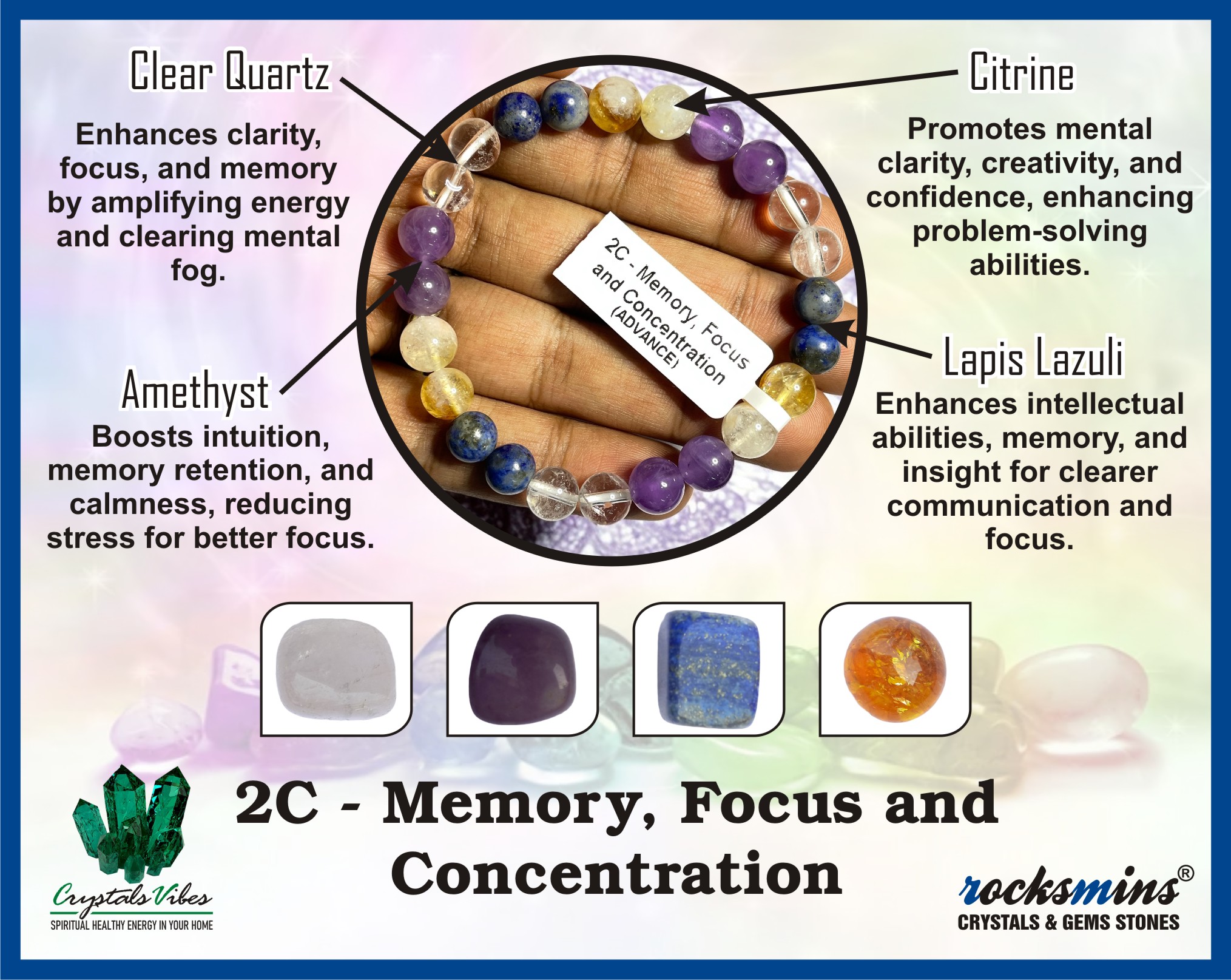 memory, focus and concentration (Advance) Remedies & Intentions Bracelet Natural Made With Original Crystal Stone for Men Women Boy Girl Unisex 8mm Beads Stretchable Brand :- Rocksmins