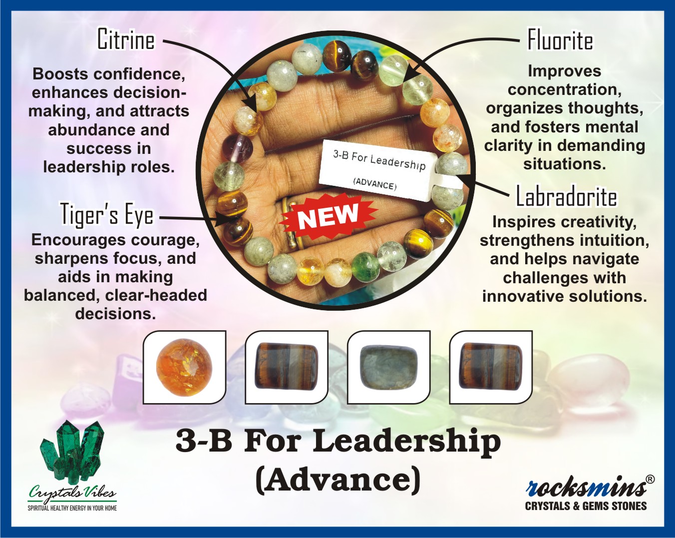 For Leadership (Advance) Remedies & Intentions Bracelet Natural Made With Original Crystal Stone for Men Women Boy Girl Unisex 8mm Beads Stretchable Brand :- Rocksmins