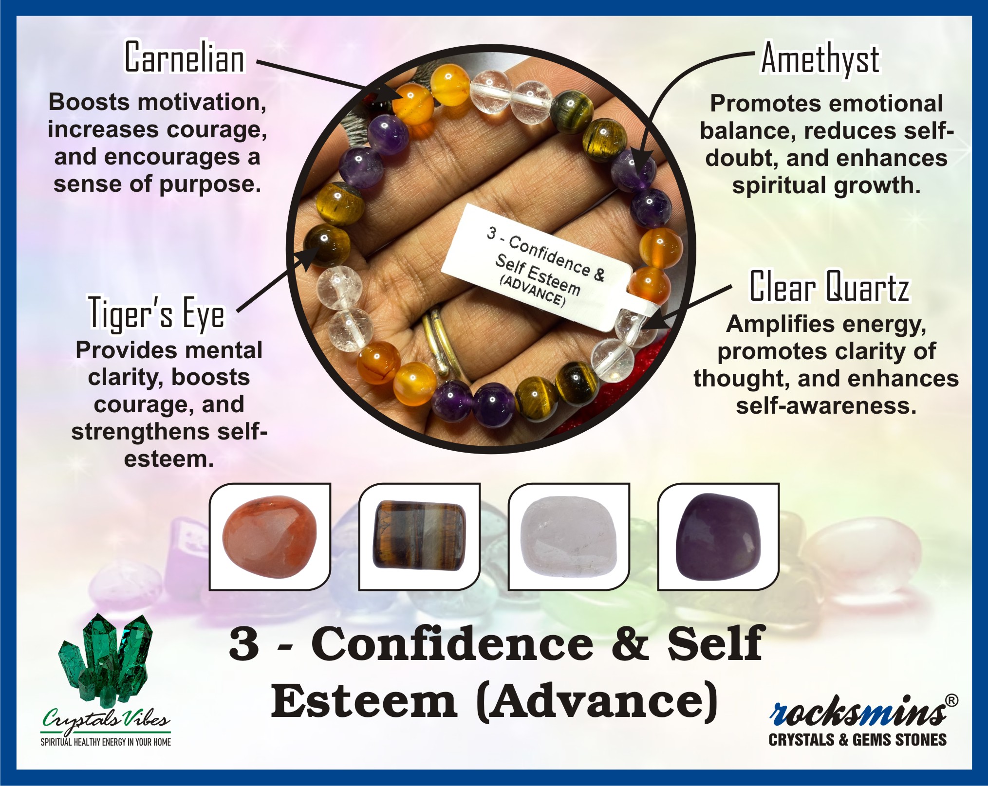 Confidence & Self Esteem(Advance) Remedies & Intentions Bracelet Natural Made With Original Crystal Stone for Men Women Boy Girl Unisex 8mm Beads Stretchable Brand :- Rocksmins