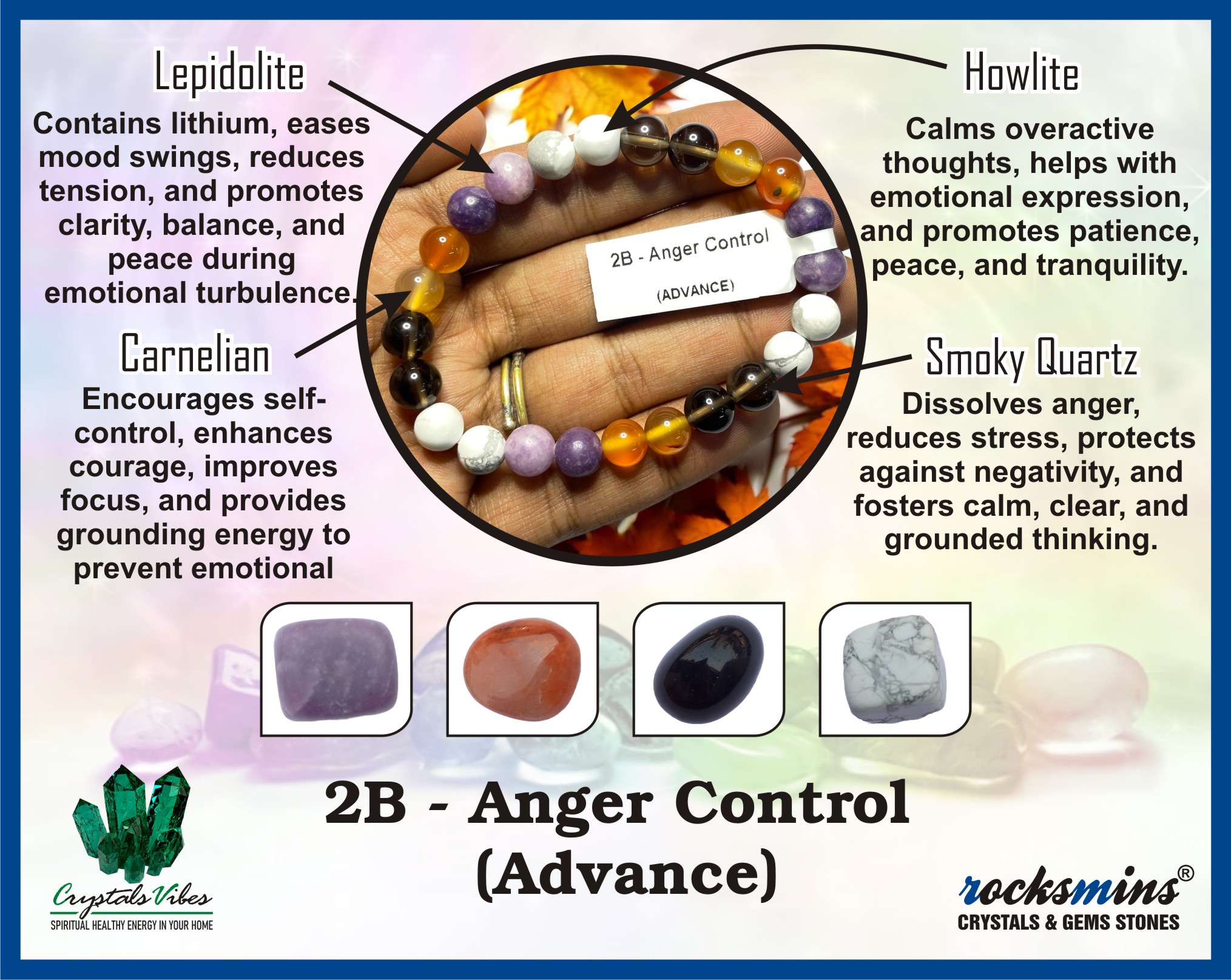 Anger Control (Advance) Remedies & Intentions Bracelet Natural Made With Original Crystal Stone for Men Women Boy Girl Unisex 8mm Beads Stretchable Brand :- Rocksmins