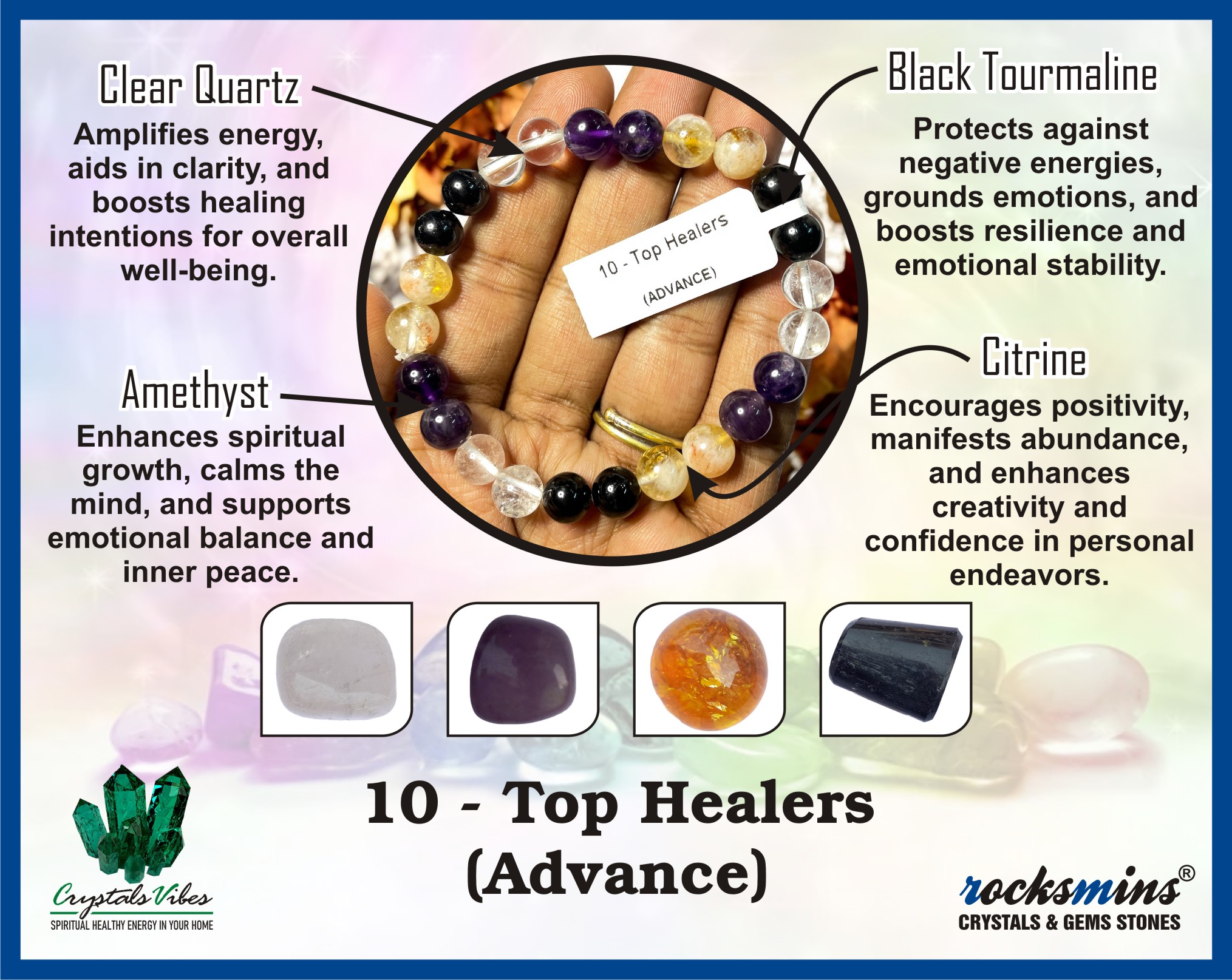 Top Healers (Advance) Remedies & Intentions Bracelet Natural Made With Original Crystal Stone for Men Women Boy Girl Unisex 8mm Beads Stretchable Brand :- Rocksmins