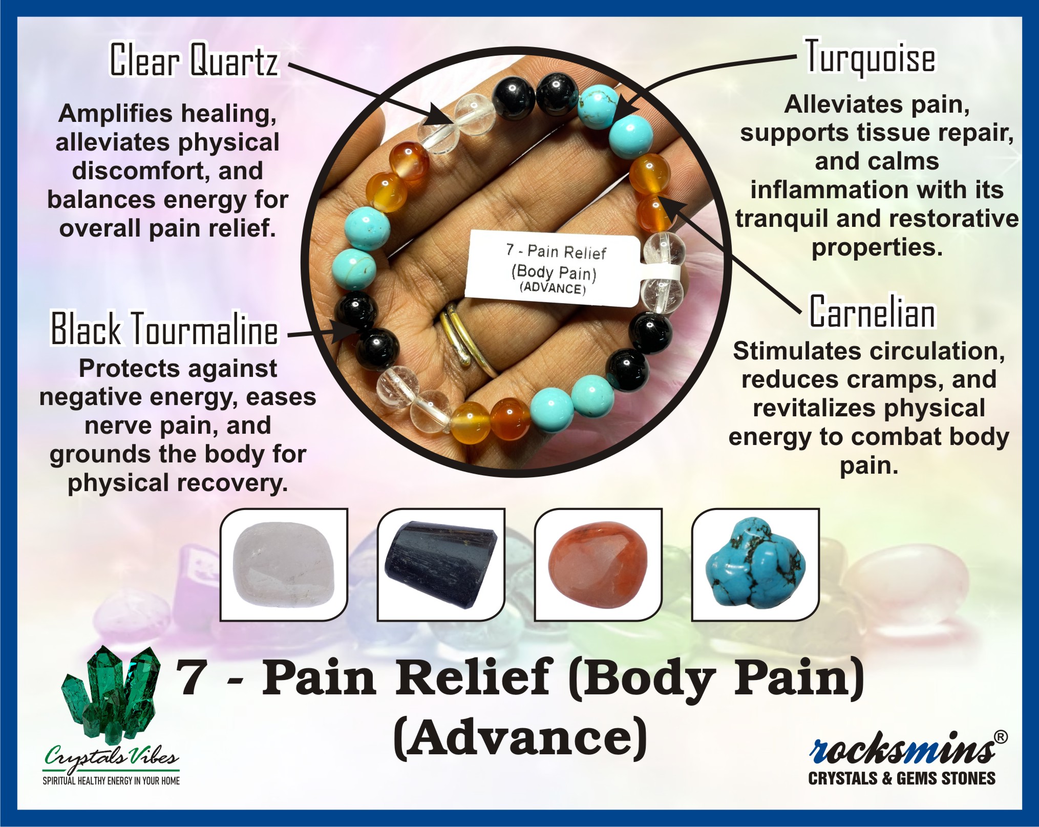 Pain Relief(Advance) Remedies & Intentions Bracelet Natural Made With Original Crystal Stone for Men Women Boy Girl Unisex 8mm Beads Stretchable Brand :- Rocksmins
