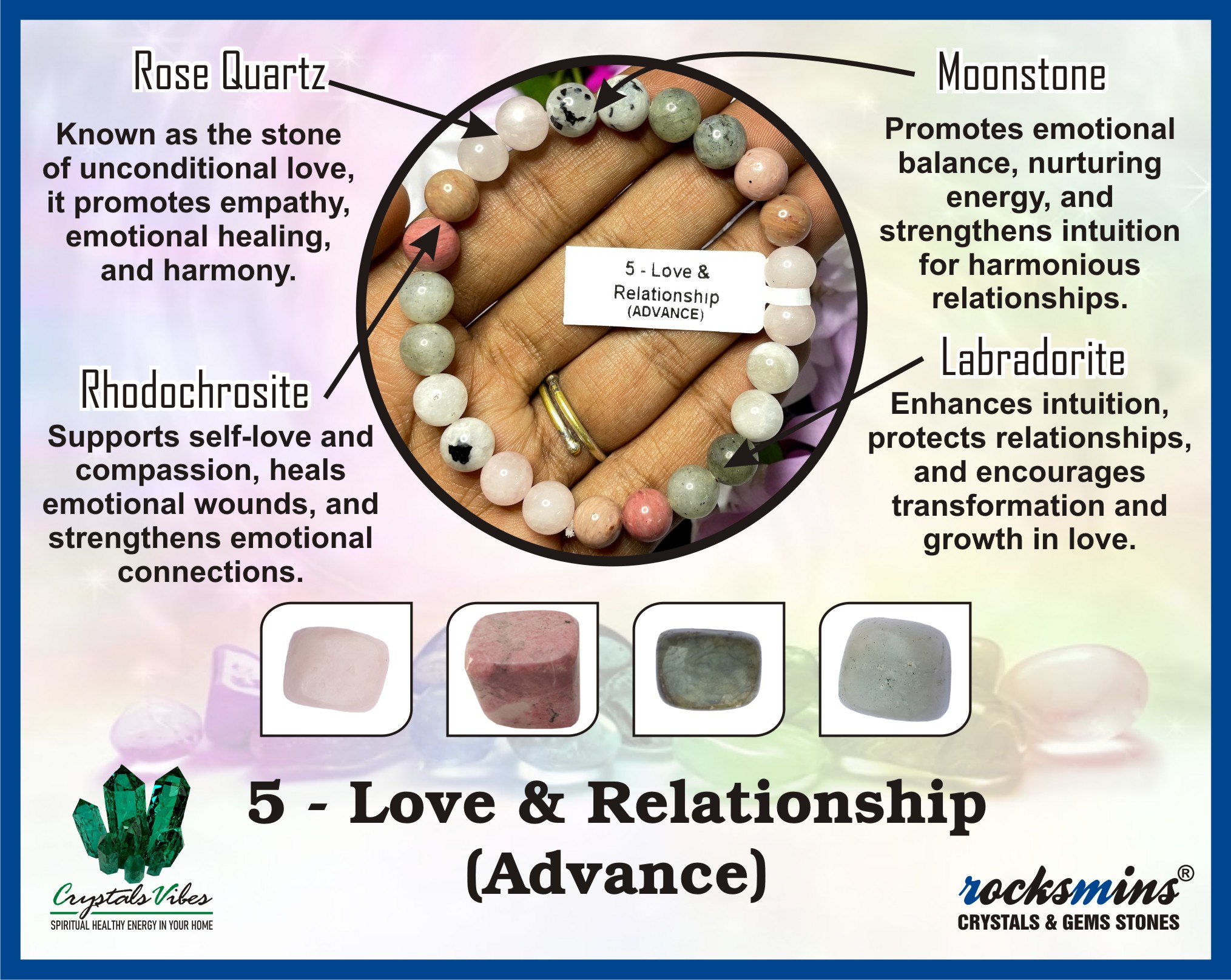 Love & Relationship (Advance) Remedies & Intentions Bracelet Natural Made With Original Crystal Stone for Men Women Boy Girl Unisex 8mm Beads Stretchable Brand :- Rocksmins