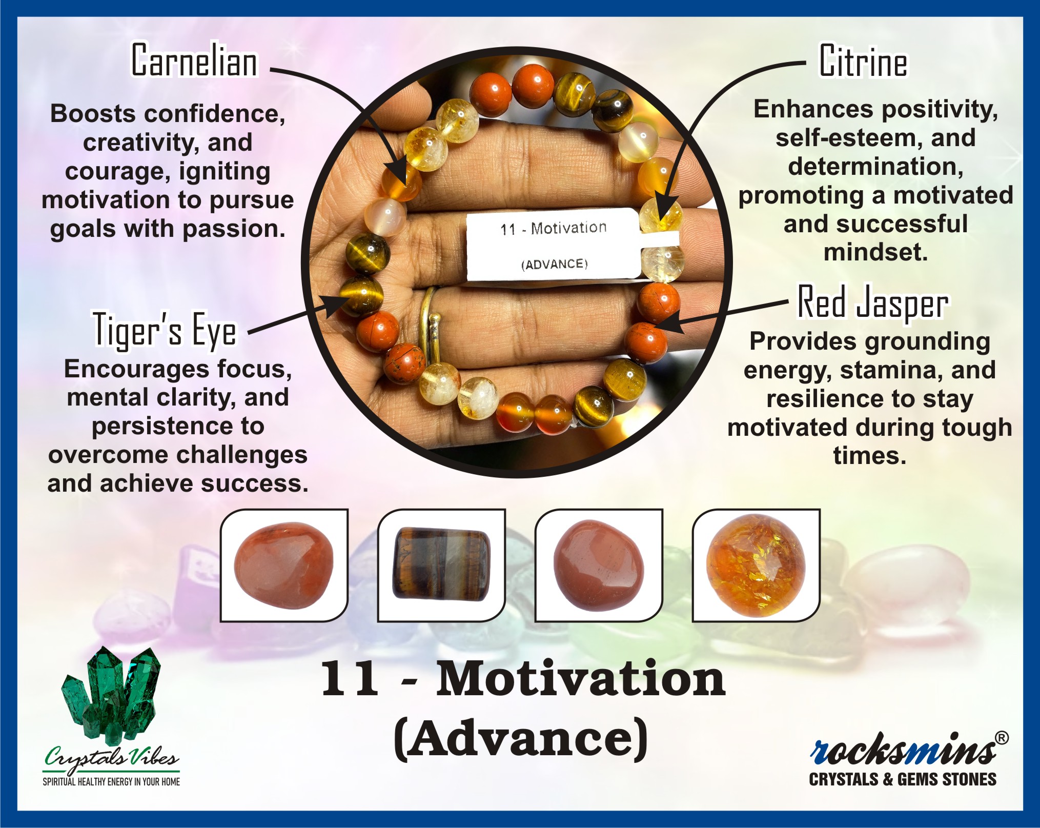 Motivation (Advance) Remedies & Intentions Bracelet Natural Made With Original Crystal Stone for Men Women Boy Girl Unisex 8mm Beads Stretchable Brand :- Rocksmins