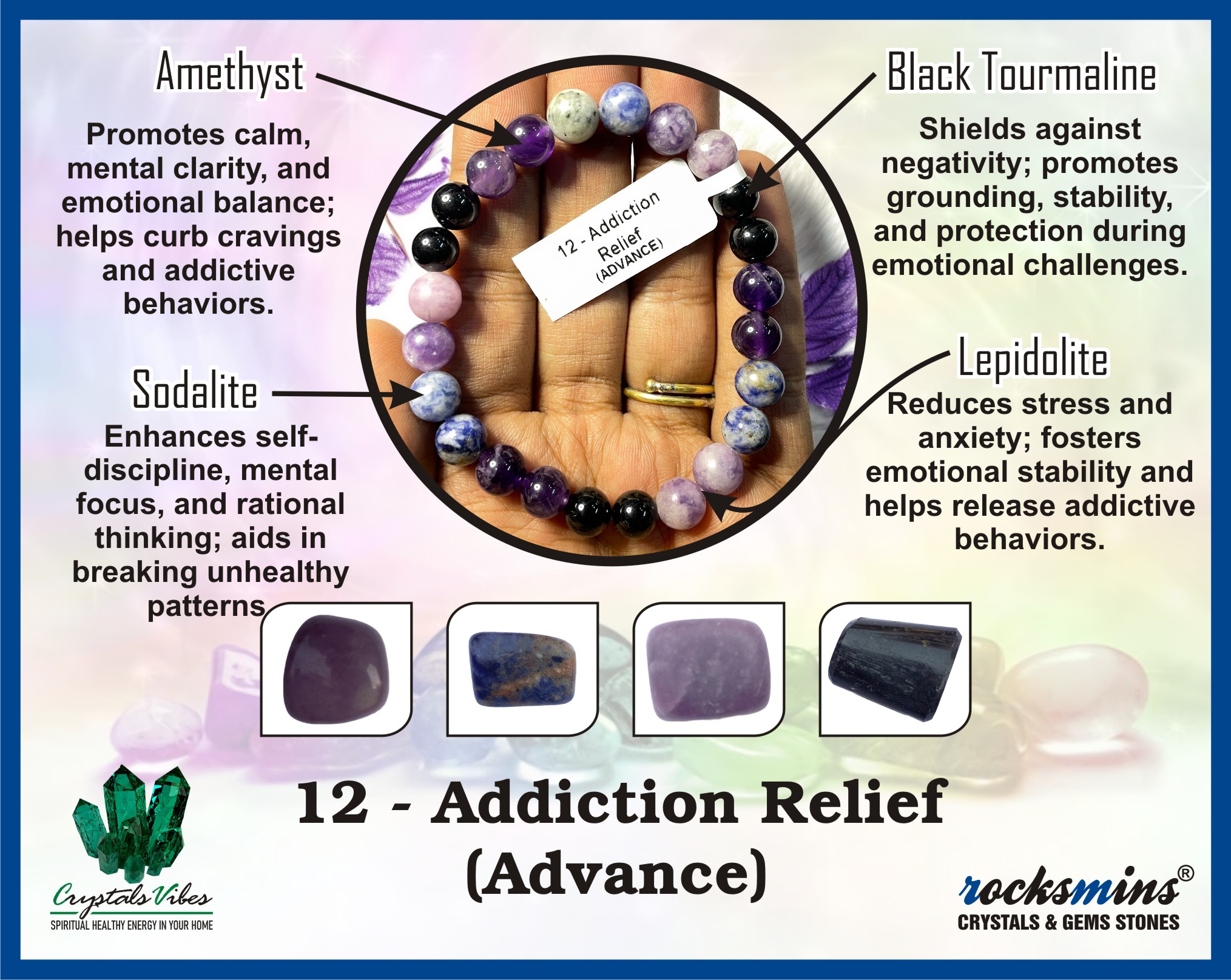Addiction (Advance) Remedies & Intentions Bracelet Natural Made With Original Crystal Stone for Men Women Boy Girl Unisex 8mm Beads Stretchable Brand :- Rocksmins