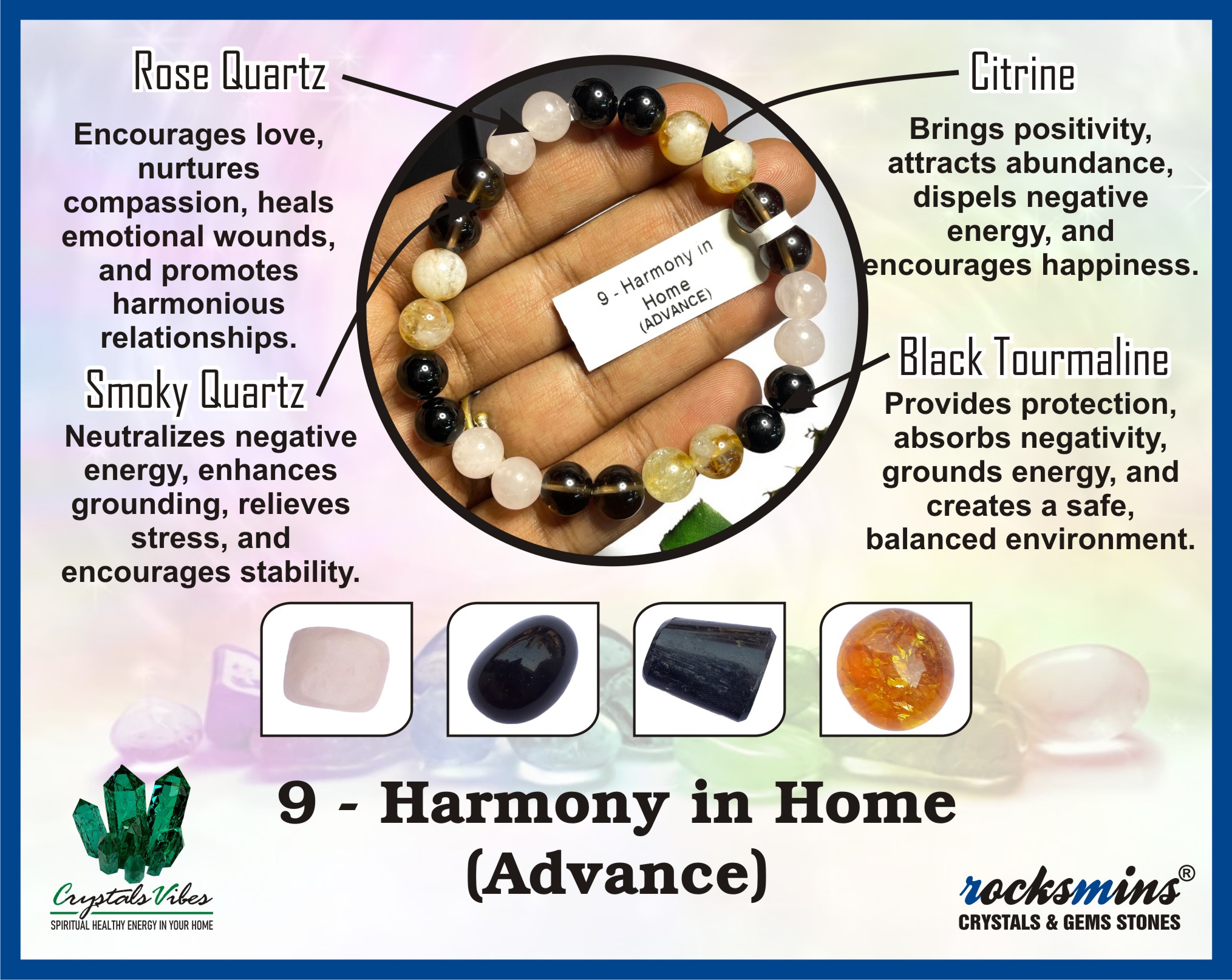 Harmony in Home(Advance) Remedies & Intentions Bracelet Natural Made With Original Crystal Stone for Men Women Boy Girl Unisex 8mm Beads Stretchable Brand :- Rocksmins