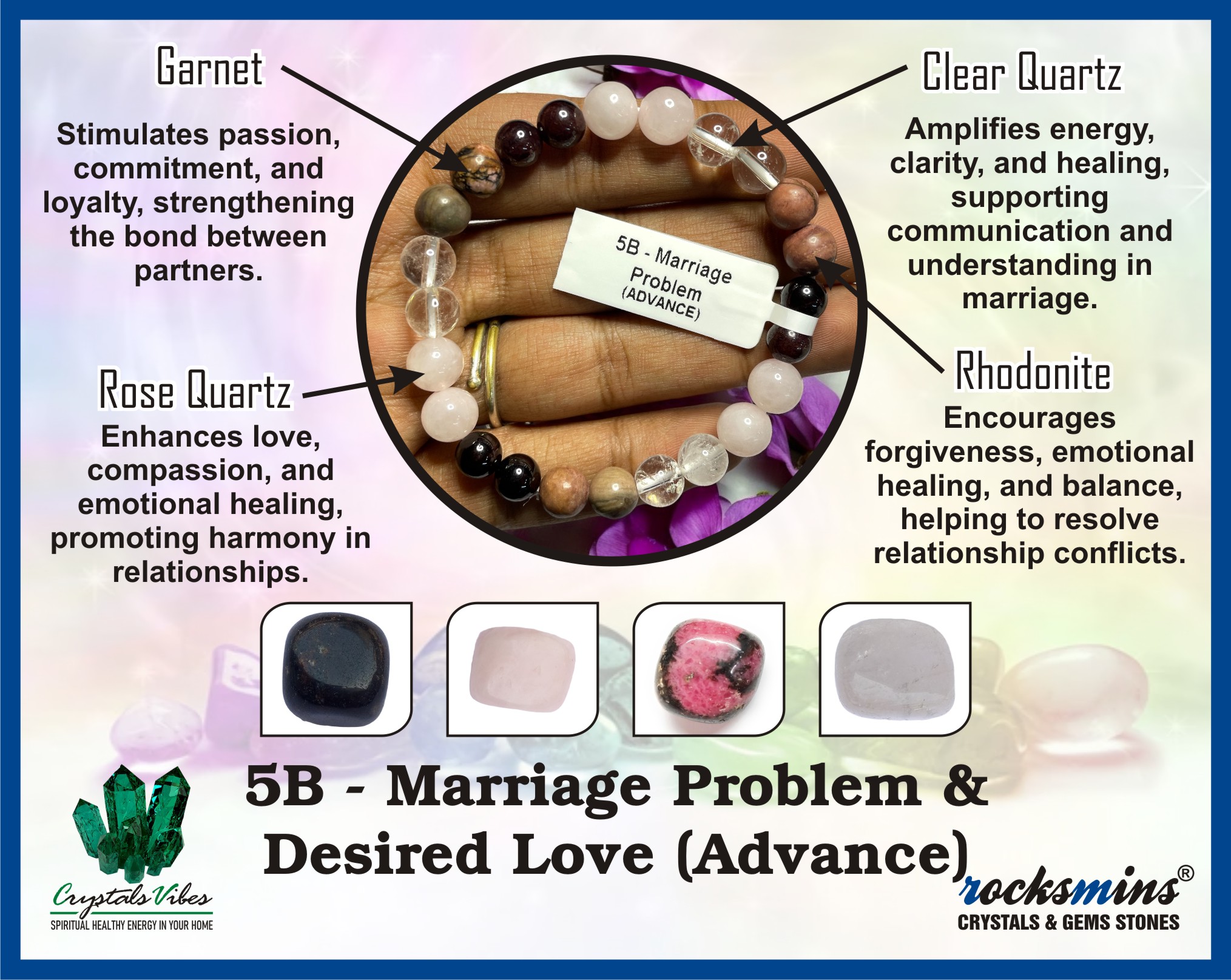 Marriage Problem & Desired Love (Advance) Remedies & Intentions Bracelet Natural Made With Original Crystal Stone for Men Women Boy Girl Unisex 8mm Beads Stretchable Brand :- Rocksmins
